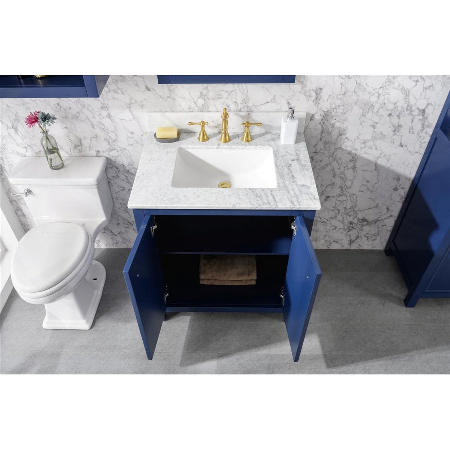 Legion Furniture WLF2130-B 30" Blue Freestanting Vanity Base With White Carrara Marble Top and white Ceramic Sink