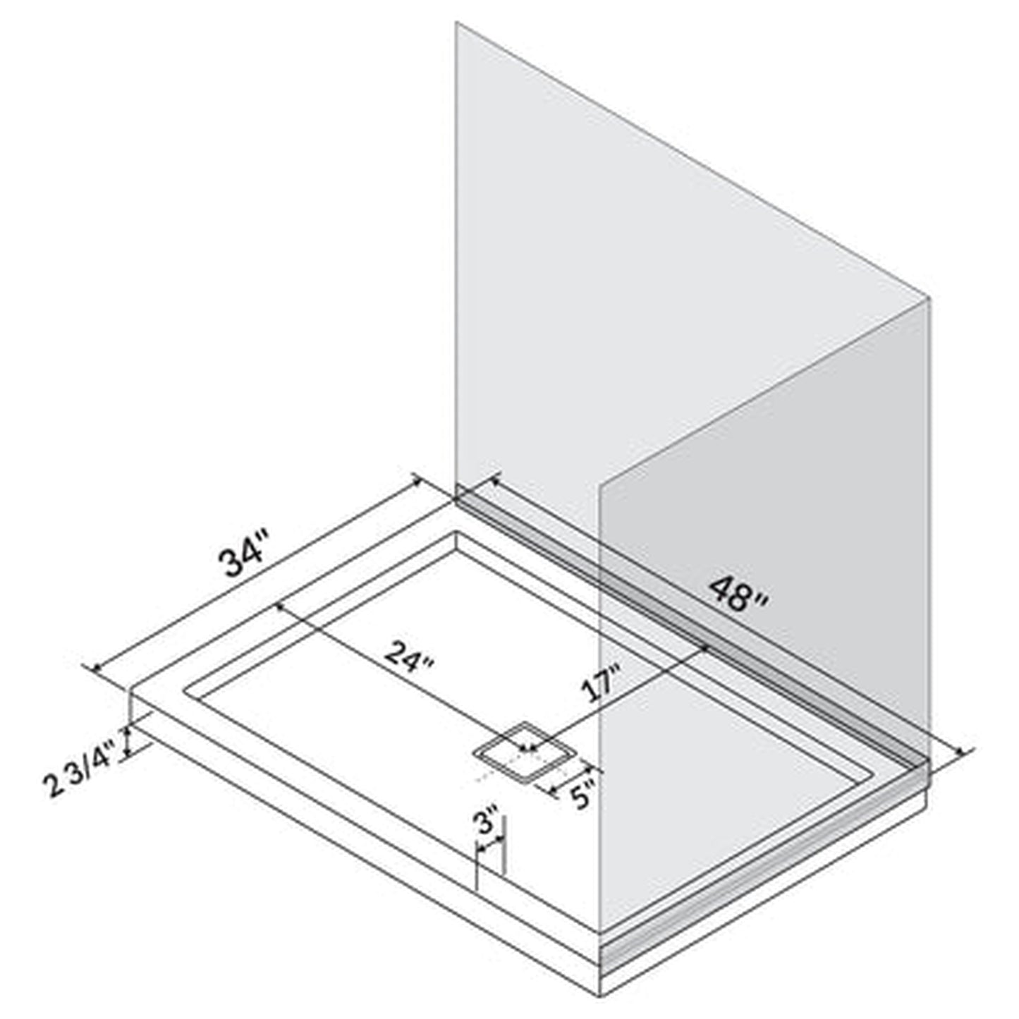 LessCare 48" x 34" Single Threshold Shower Pan Base Alcove Center Drain