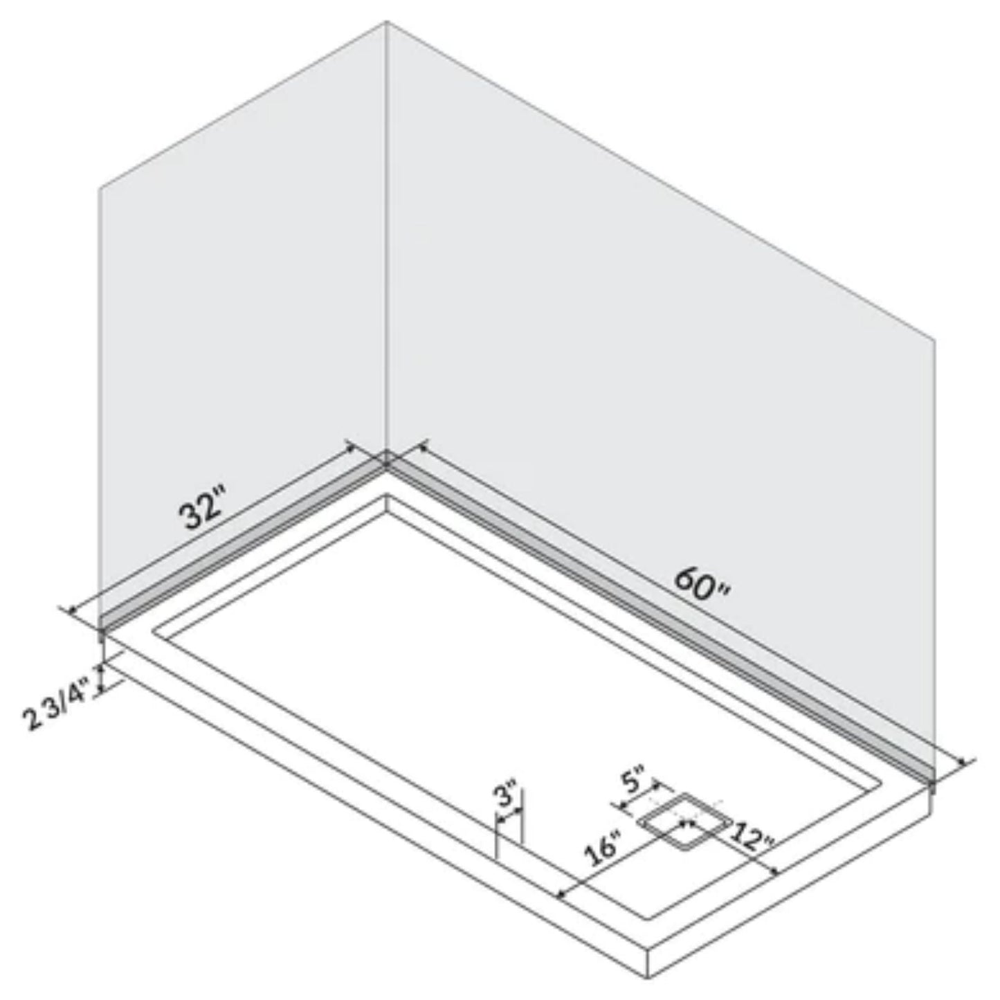 LessCare 60" x 32" Left Double Threshold Shower Pan Base Wall Corner Right Drain