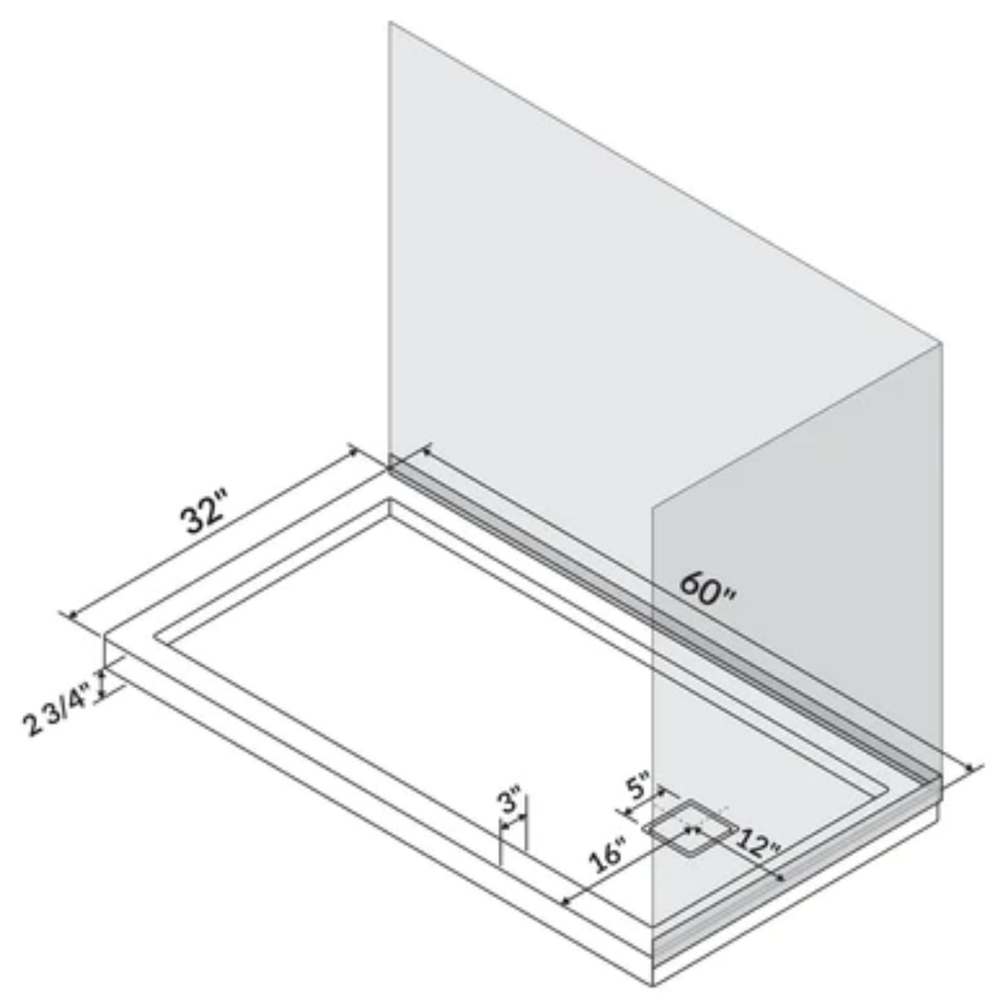 LessCare 60" x 32" Right Double Threshold Shower Pan Base Wall Corner Left Drain