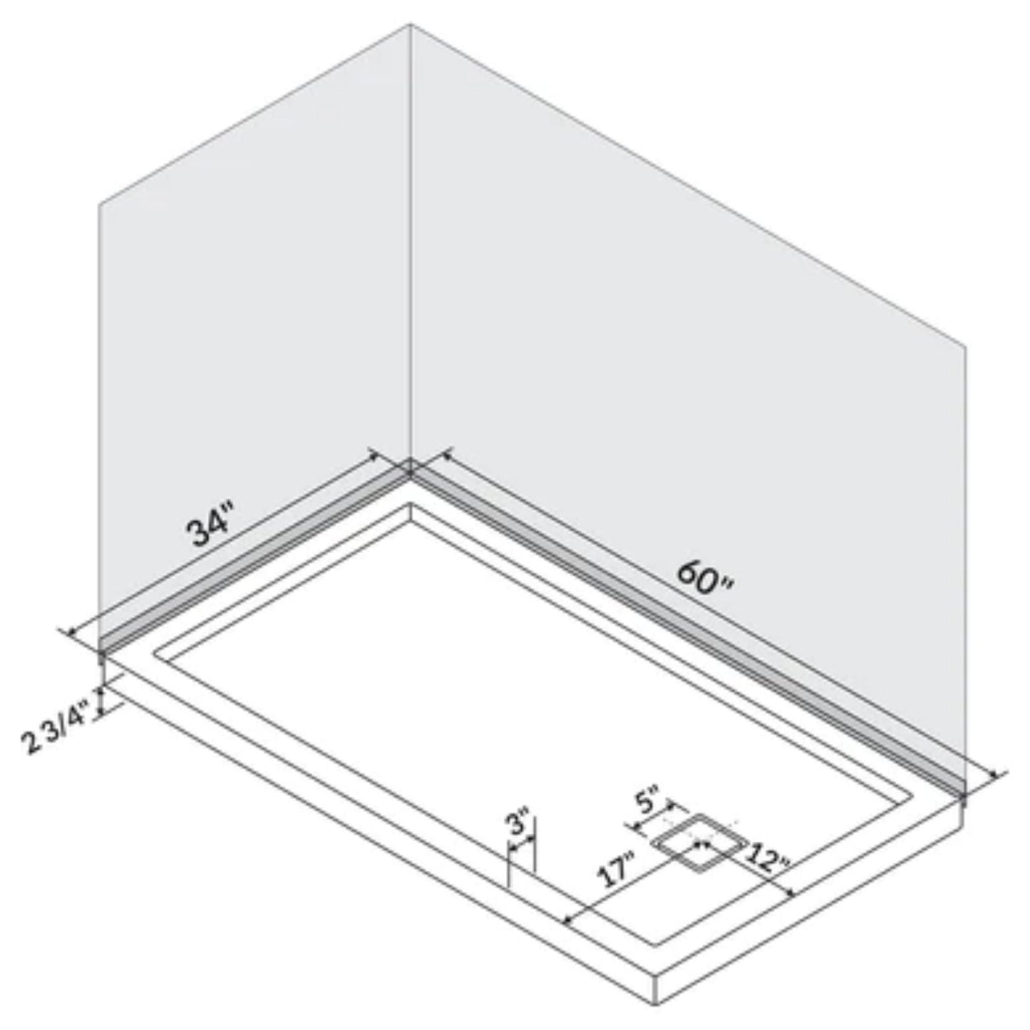 LessCare 60" x 34" Left Double Threshold Shower Pan Base Wall Corner Right Drain
