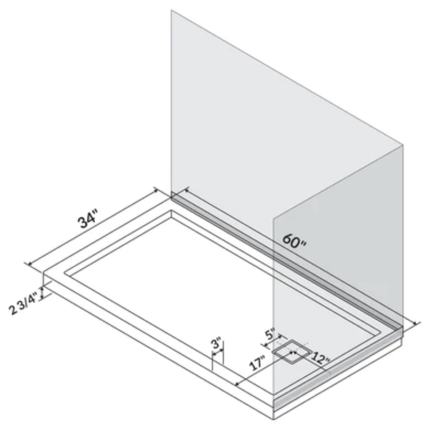 LessCare 60" x 34" Right Double Threshold Shower Pan Base Wall Corner Left Drain