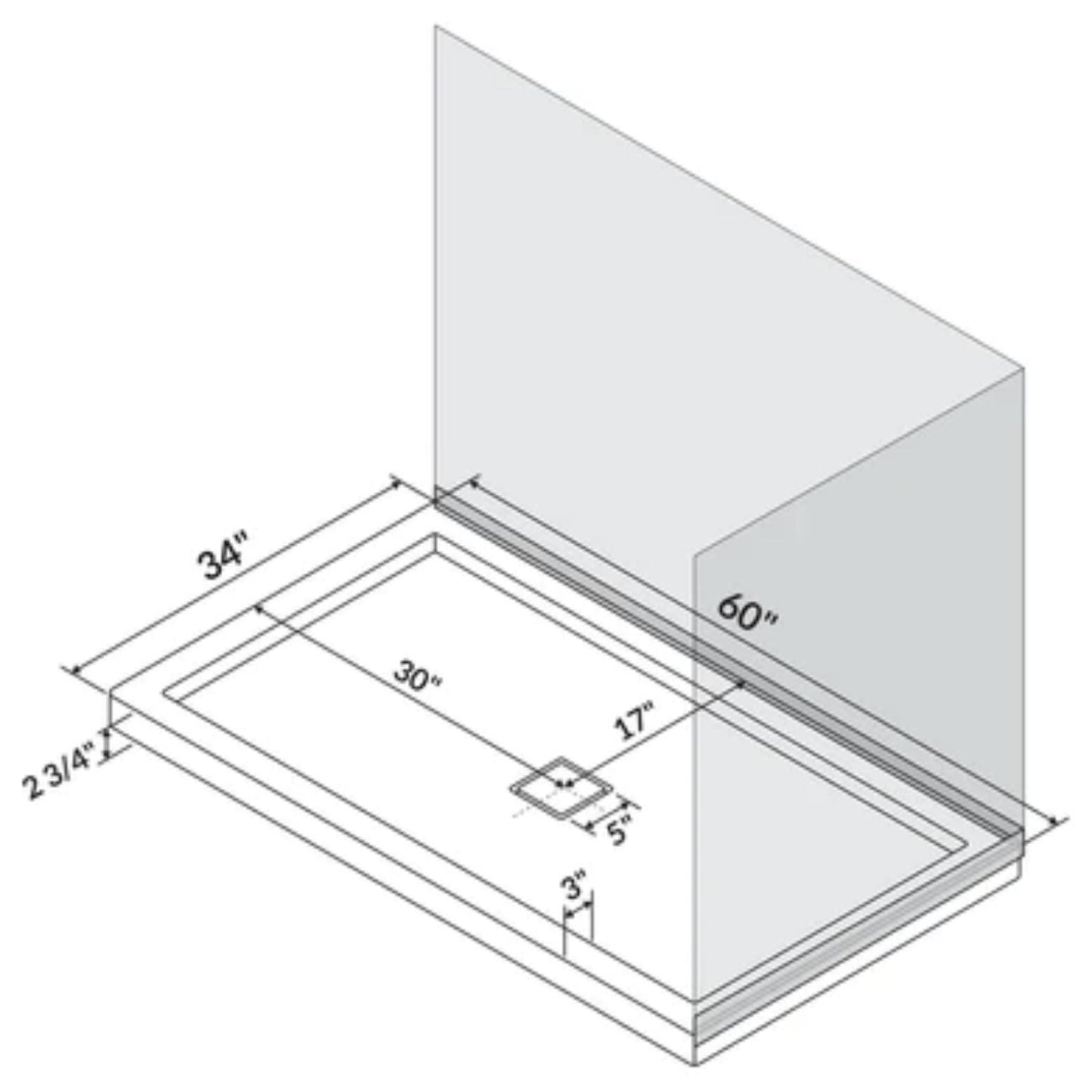 LessCare 60" x 34" Single/Double Threshold Shower Base Pan Center Drain