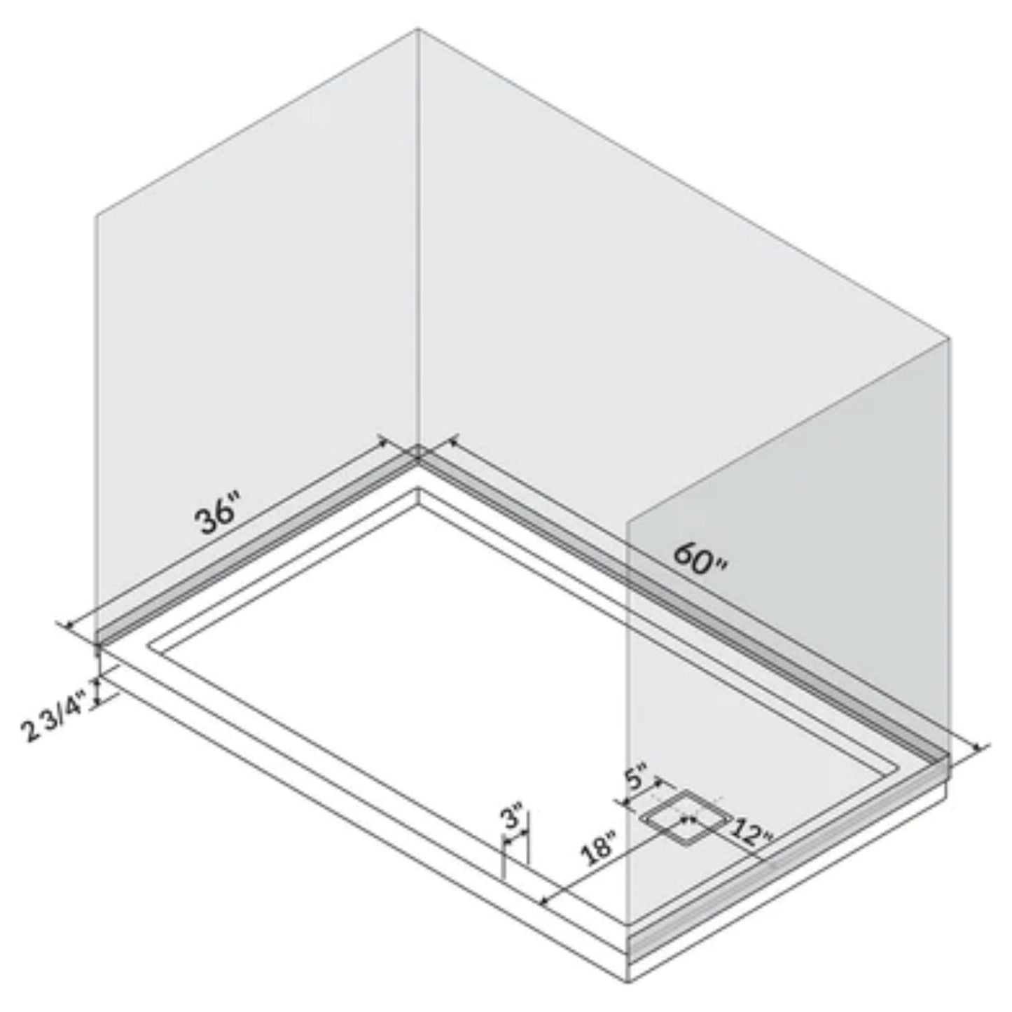 LessCare 60" x 36" Right Double Threshold Shower Pan Base Wall Corner Right Drain