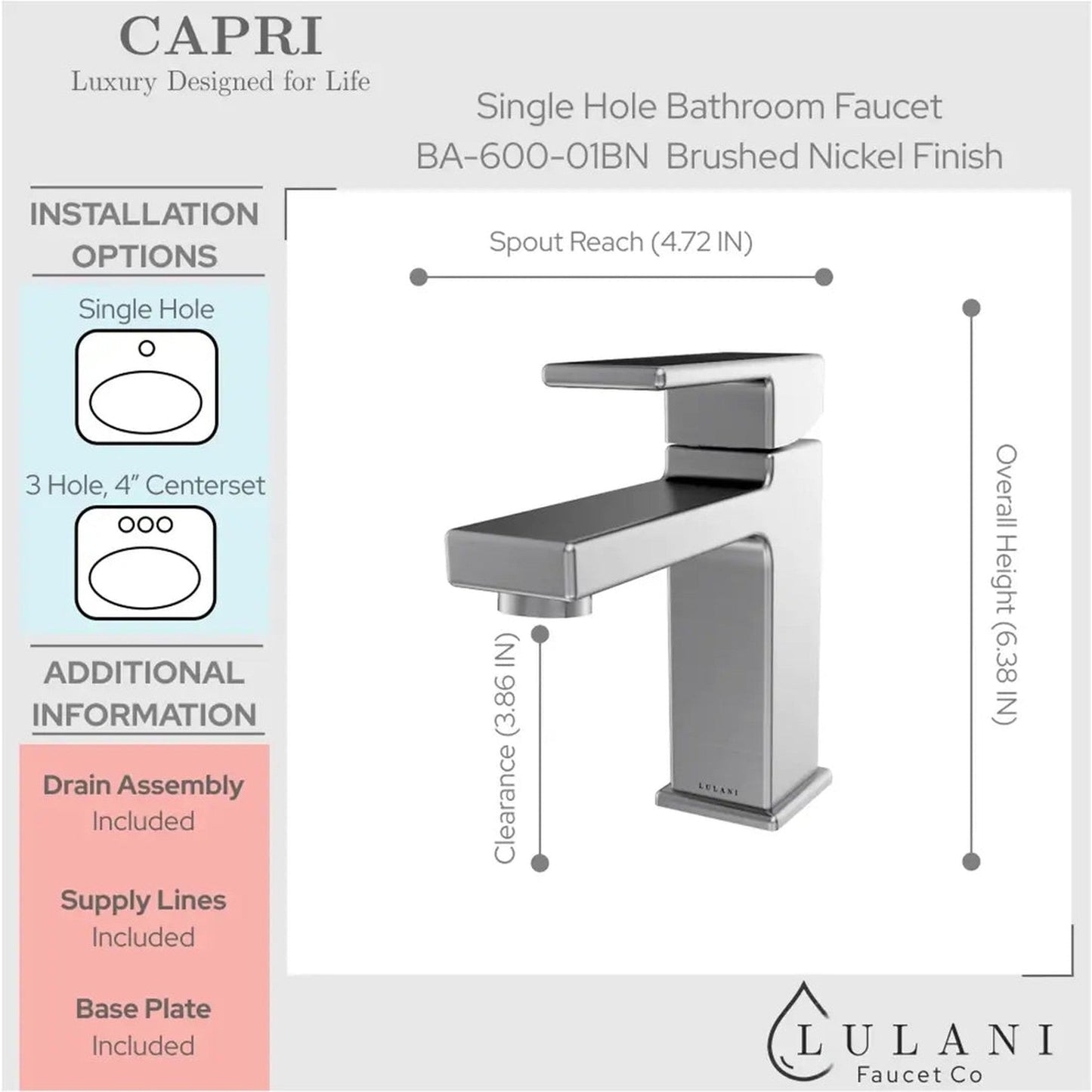 Lulani Capri Brushed Nickel 1.2 GPM 1-Lever Handle Single Hole Brass Faucet With Drain Assembly
