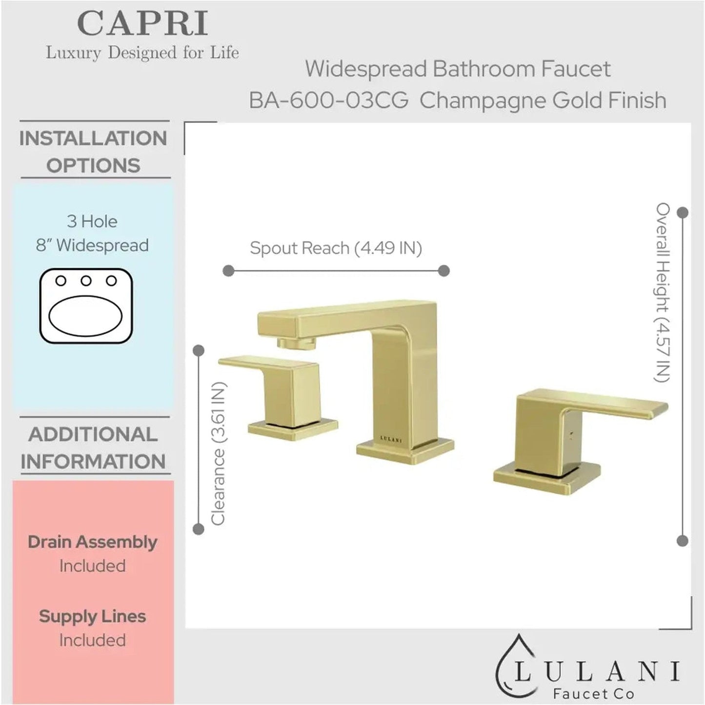 Lulani Capri Champagne Gold 1.2 GPM 2-Lever Handle 3-Hole Widespread Brass Faucet With Drain Assembly