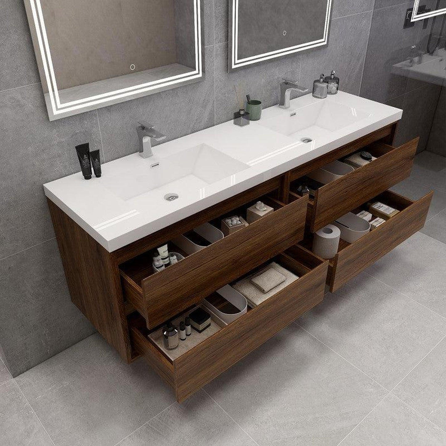 Moreno Bath Sage 72" Rosewood Wall-Mounted Modern Vanity With Double Reinforced White Acrylic Sinks