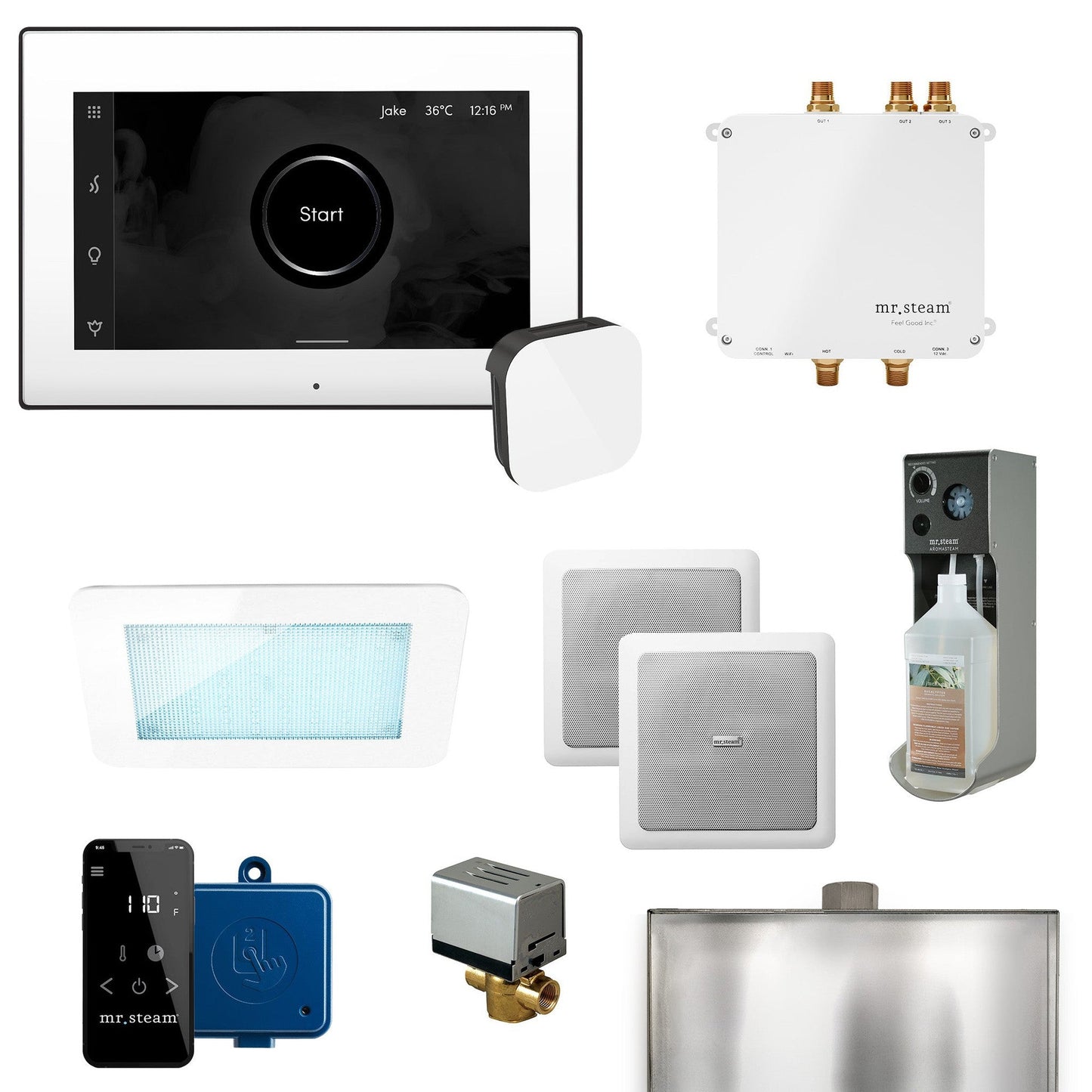 MrSteam Bliss 22" Programmable Steam Generator Control Kit With iSteamX Control and Aroma Glass Steamhead in White Matte Black