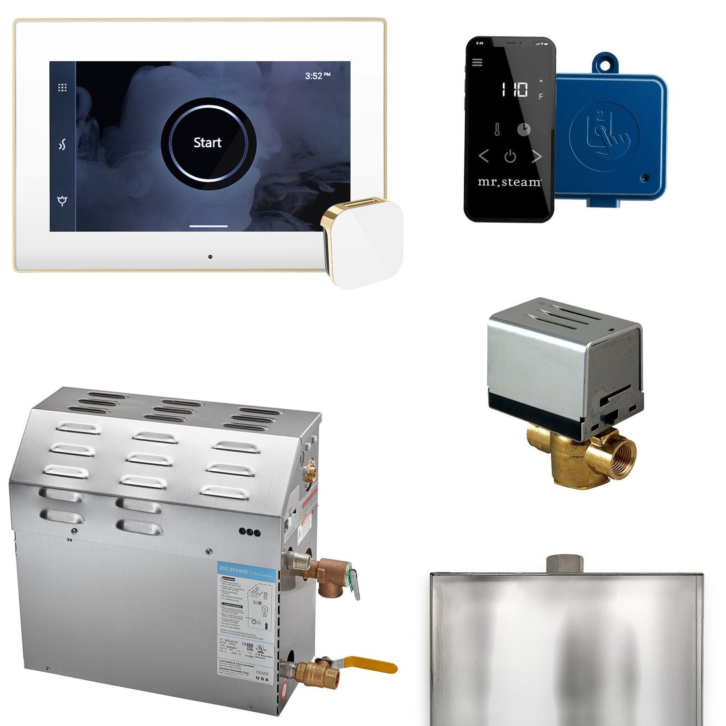 MrSteam MS (XButler) 13" 5 kW (5000 W) Steam Shower Generator Package With iSteamX Control in White Polished Brass