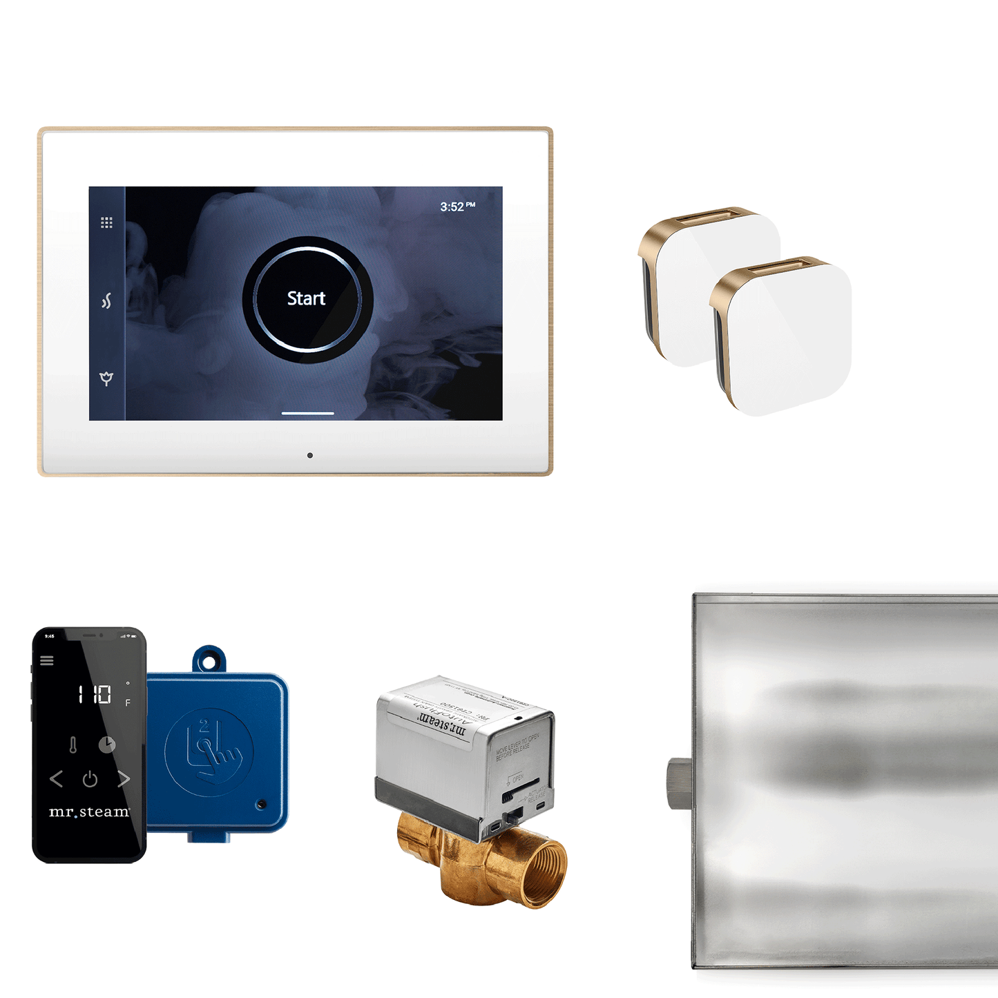 MrSteam XButler Max 32" Steam Shower Control Package with iSteamX Control and Aroma Glass SteamHead in White Brushed Bronze