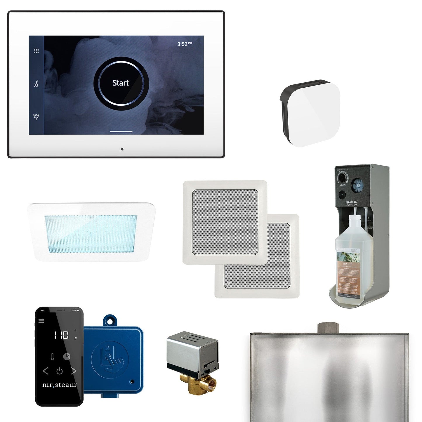 MrSteam XDream 22" Steam Shower Control Package with iSteamX Control and Aroma Glass SteamHead in White Matte Black