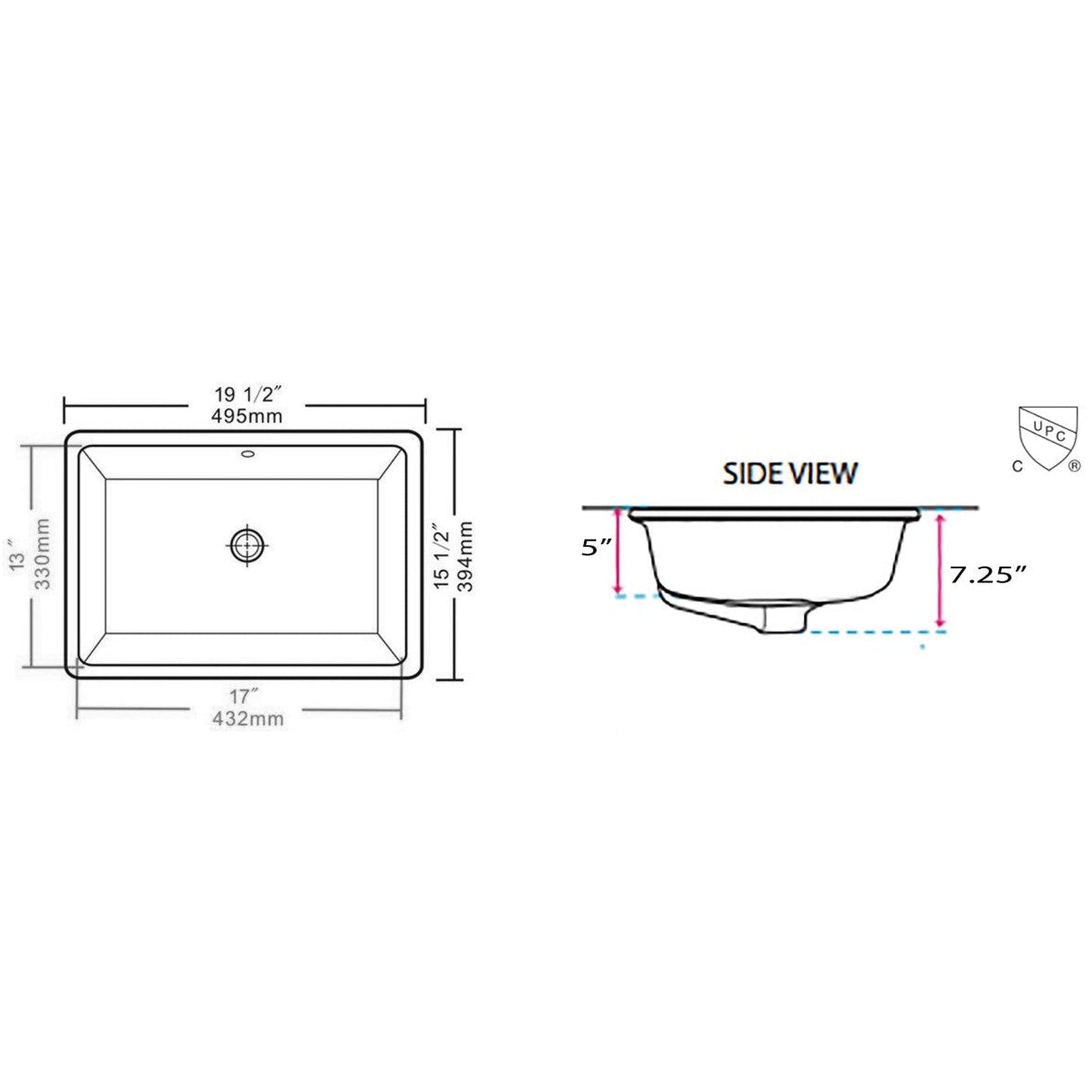 Nantucket Sinks Great Point 17" W x 13" D Rectangular Glazed Bottom Undermount White Ceramic Vanity Sink