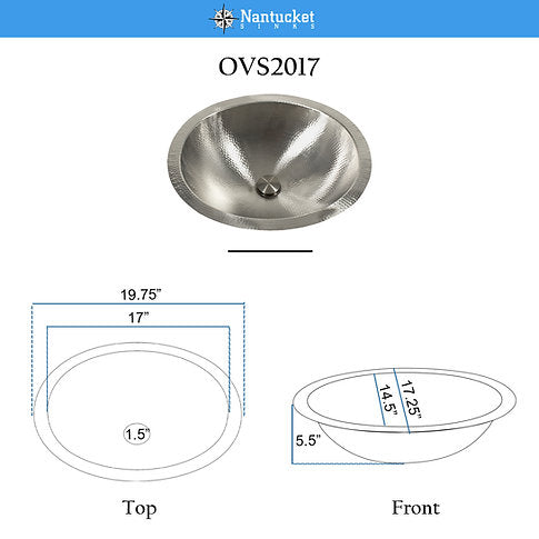 Nantucket Sinks OVS2017 20" Matte Finish Hand Hammered Stainless Steel Oval Sink