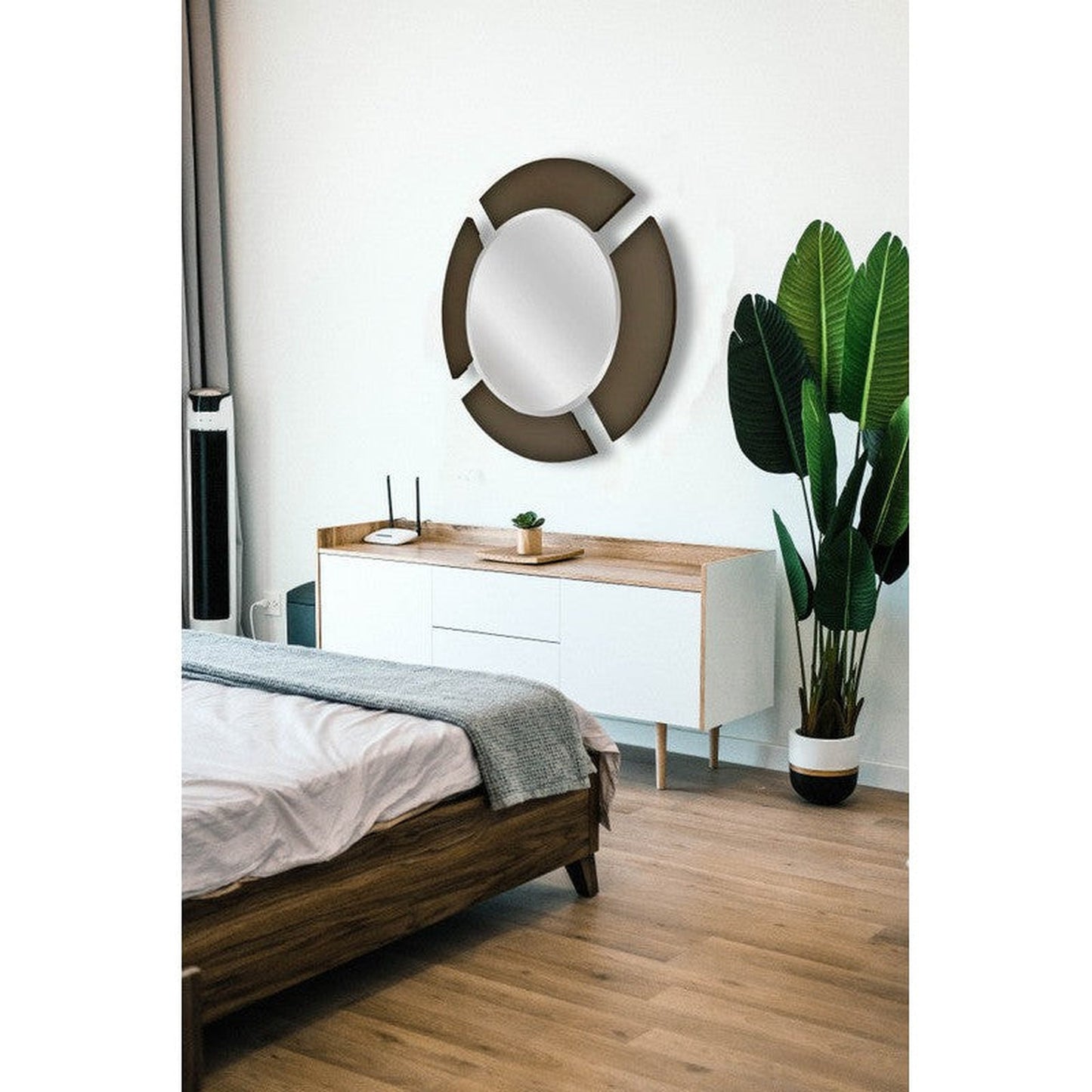 SBC Decor Capri 39" Wall-Mounted Wood Frame Round Dresser Mirror In Graphite Gray Finish