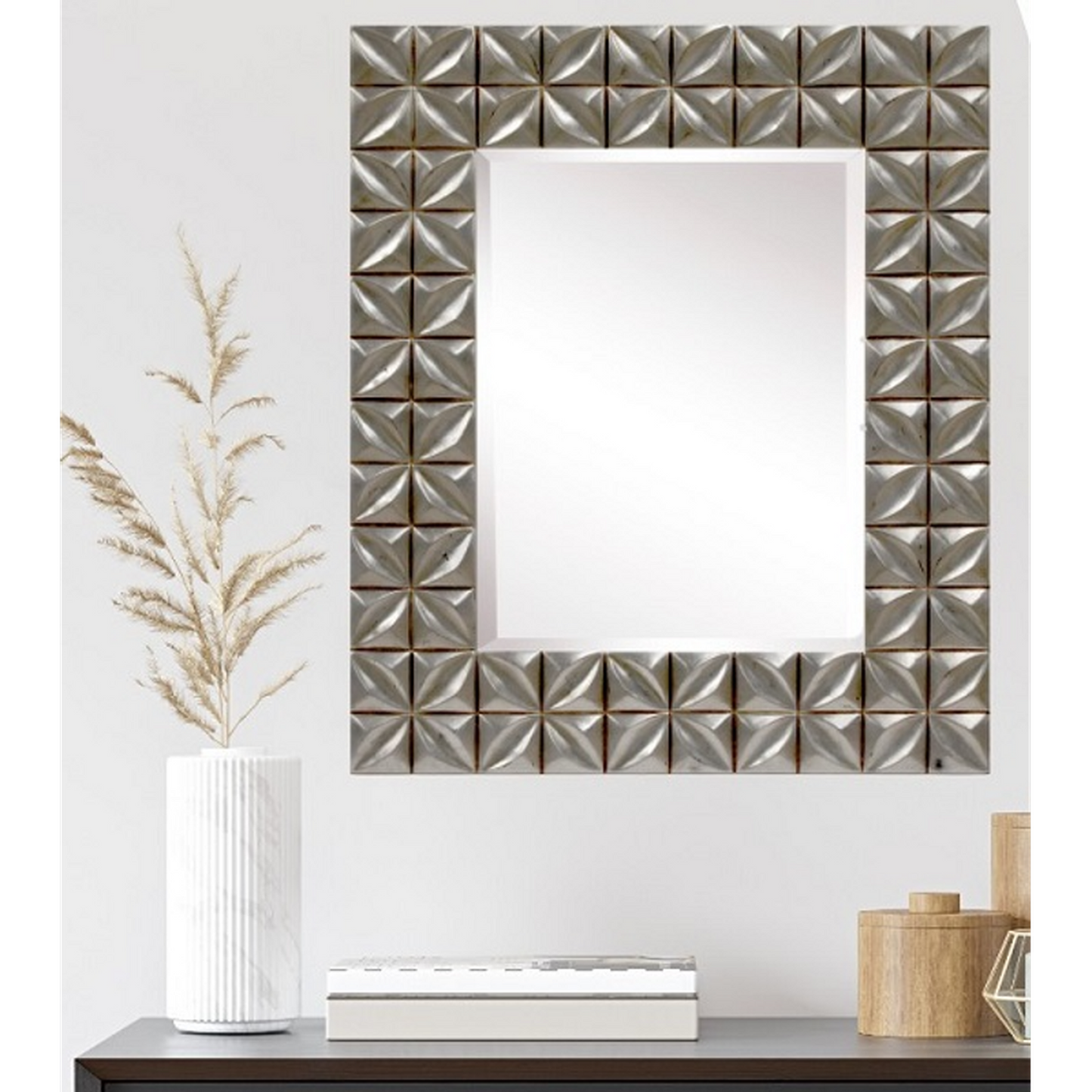 SBC Decor Crystal 36" x 43" Wall-Mounted Resin Frame Accent Wall Mirror In Distressed Silver Finish