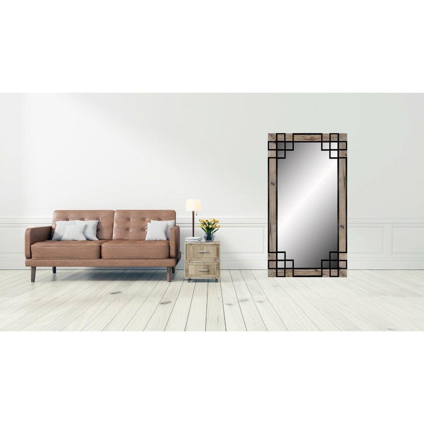 SBC Decor Elegant 48" x 84" Wall-Mounted Wood Frame Leaner Dresser Mirror In Rustic with Black Iron Overlay Finish