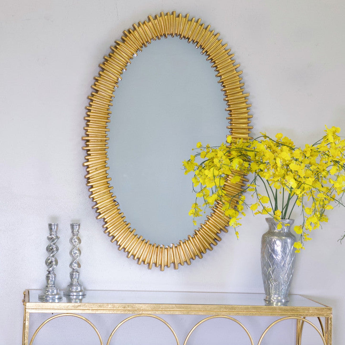 SBC Decor Lea Oval 26" x 40" Wall-Mounted Light Weight Resin Accent Wall Mirror In Brushed Gold Finish