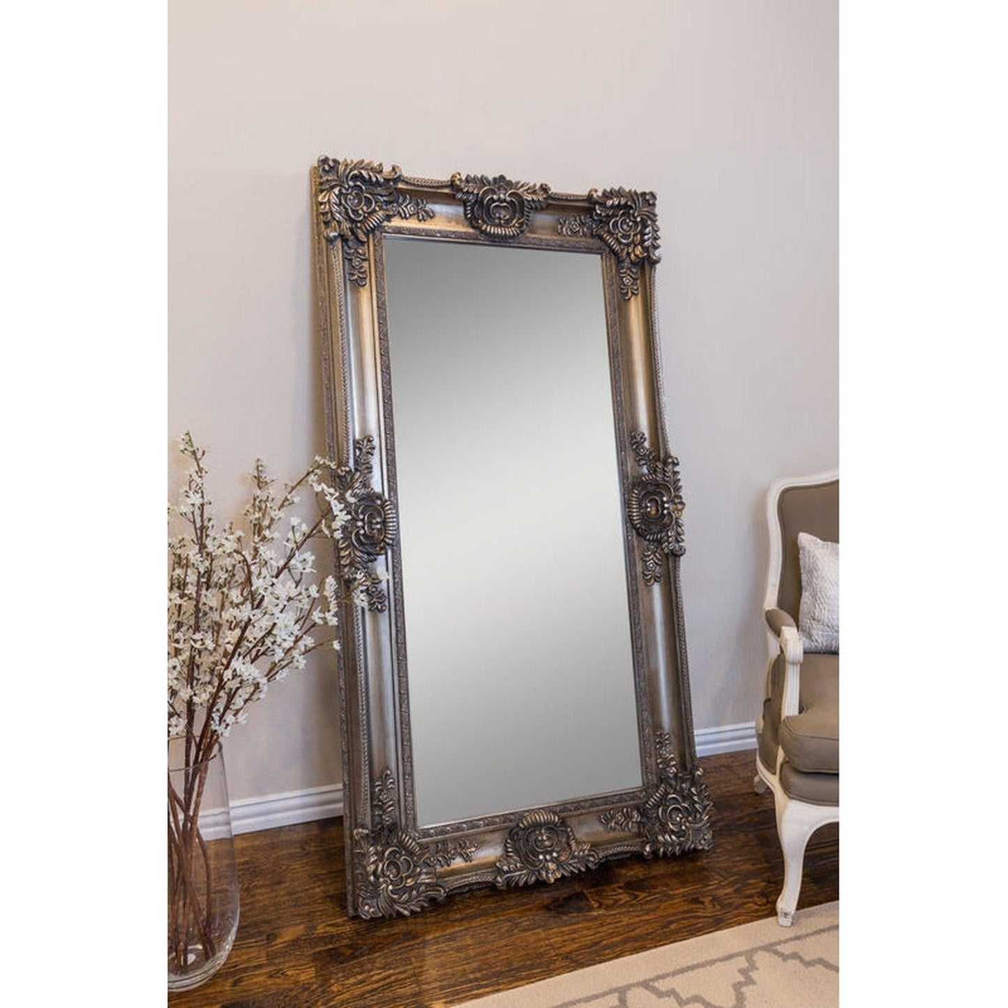 SBC Decor Mayfair Leaner 36" x 67" Wall-Mounted Wood Frame Dresser Mirror In Antique Silver Finish