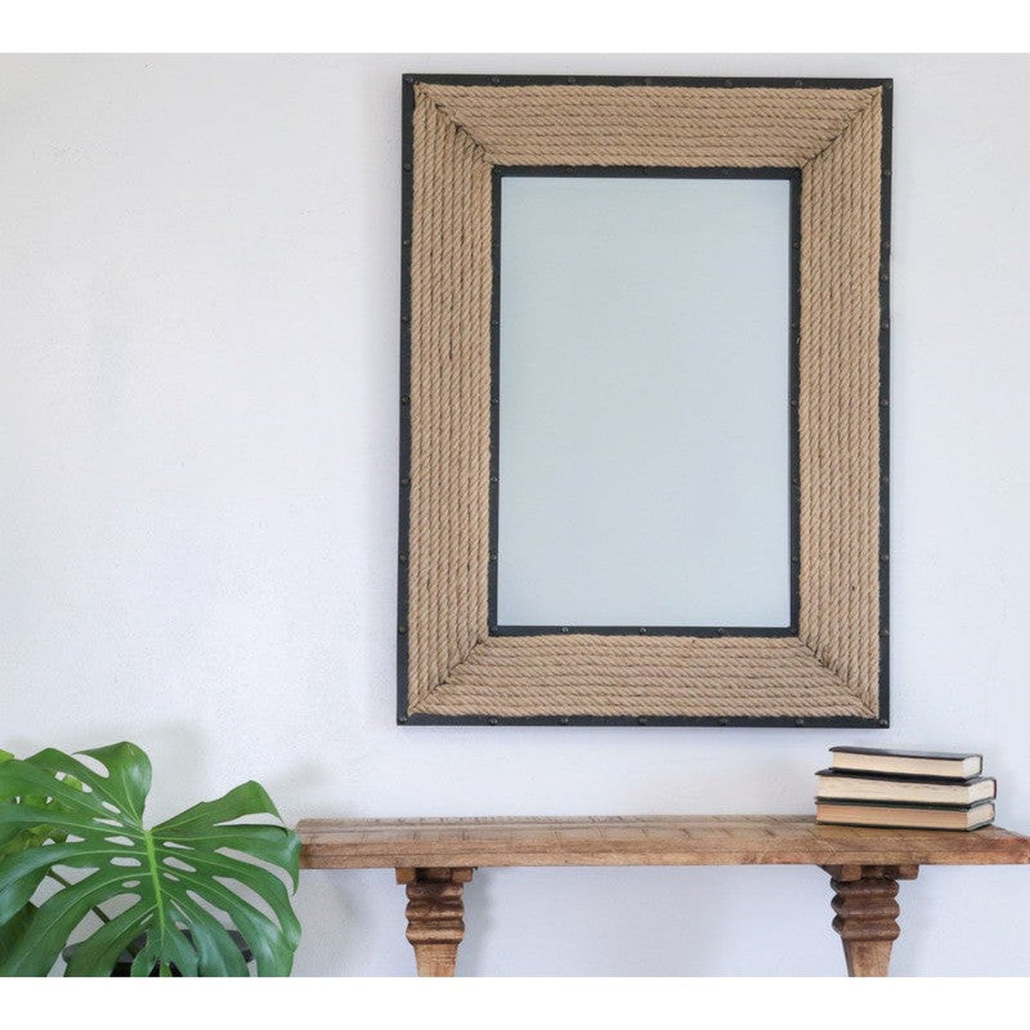 SBC Decor Newport Rope 30" x 41" Wall-Mounted Wood Frame Rectangle Wall Mirror In Matte Black Finish