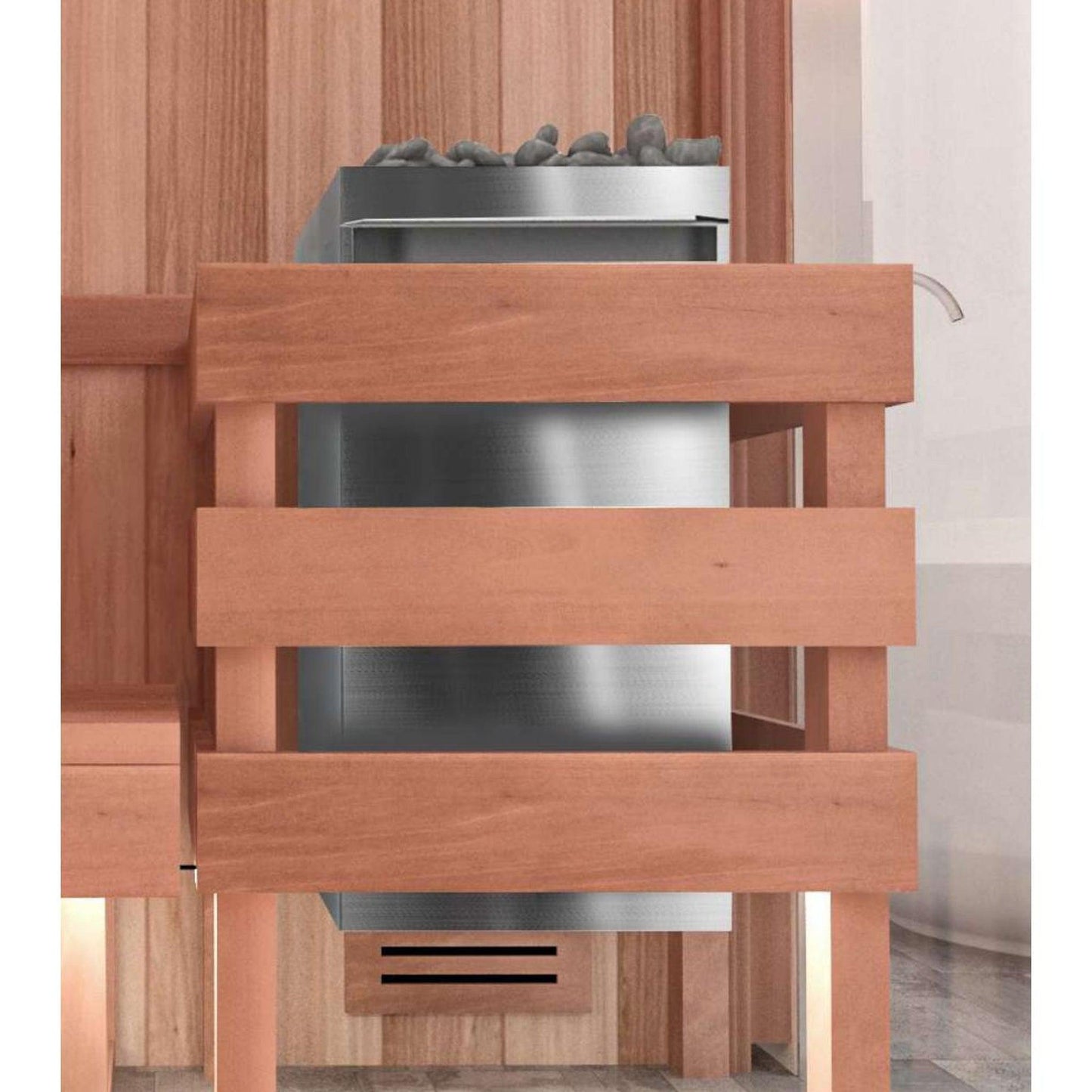 Scandia Manufacturing Ultra 3kW 208V 1PH Small Stainless Steel Wall-Mounted Electric Sauna Heater With 60-Minute Timer And Thermostat Sensor Wall Cover