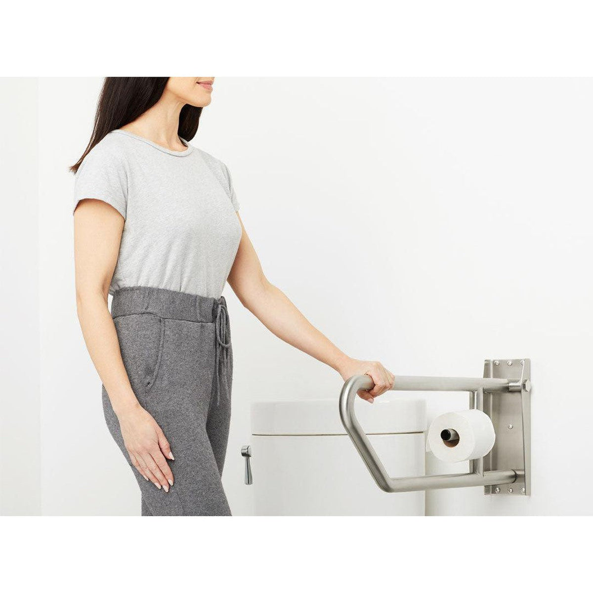 Seachrome Signature Series 30" x 10" Satin Stainless Steel Exposed Flange Swing-Up Grab Bar With Toilet Paper Holder