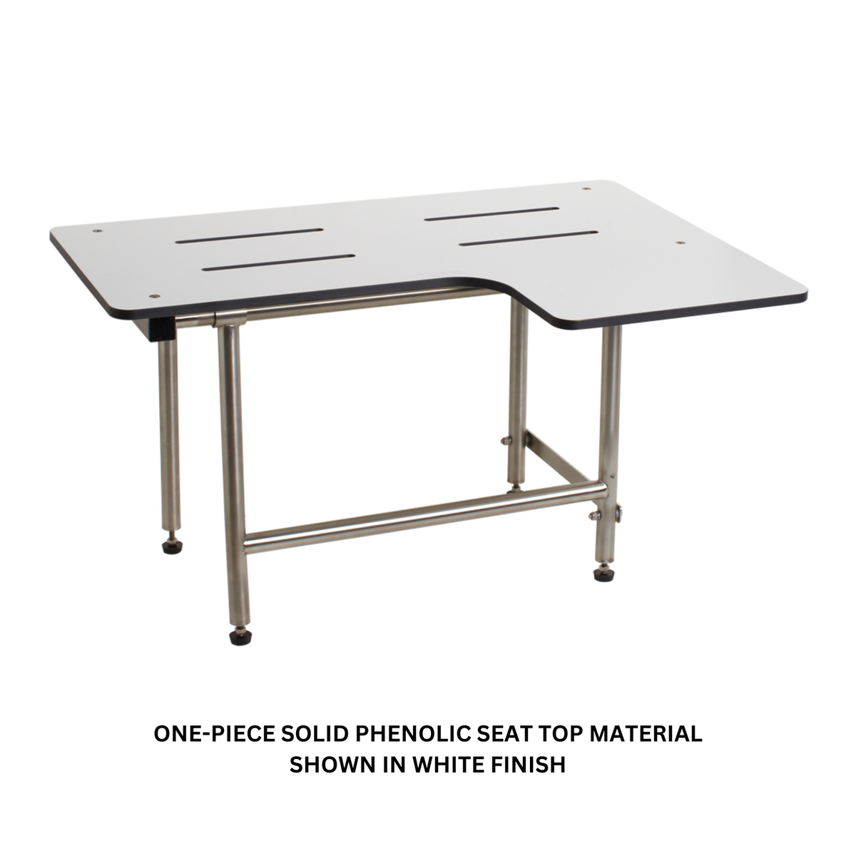 Seachrome Signature Series 32" W x 23" D Light Gray One-Piece Solid Phenolic Seat Top Reversible L-Shaped Transfer Shower Seat With Swing-Down Legs