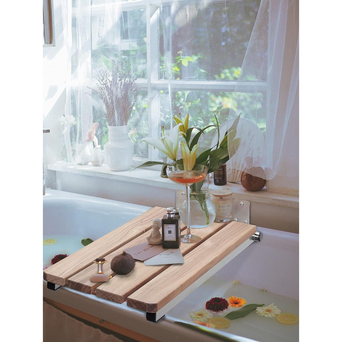 Seachrome Signature Series Hermosa 32" W x 14" D Teak Wood Afromosia Satin Stainless Steel Frame End-Hung Folding Tub Seat