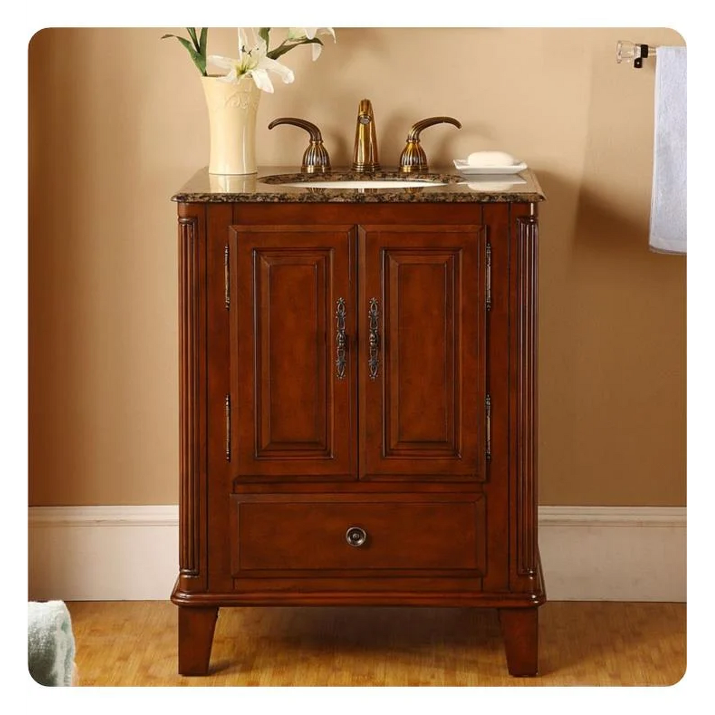 Silkroad Exclusive 28" Single Sink Special Walnut Bathroom Vanity With Baltic Brown Granite Countertop and Ivory Ceramic Undermount Sink