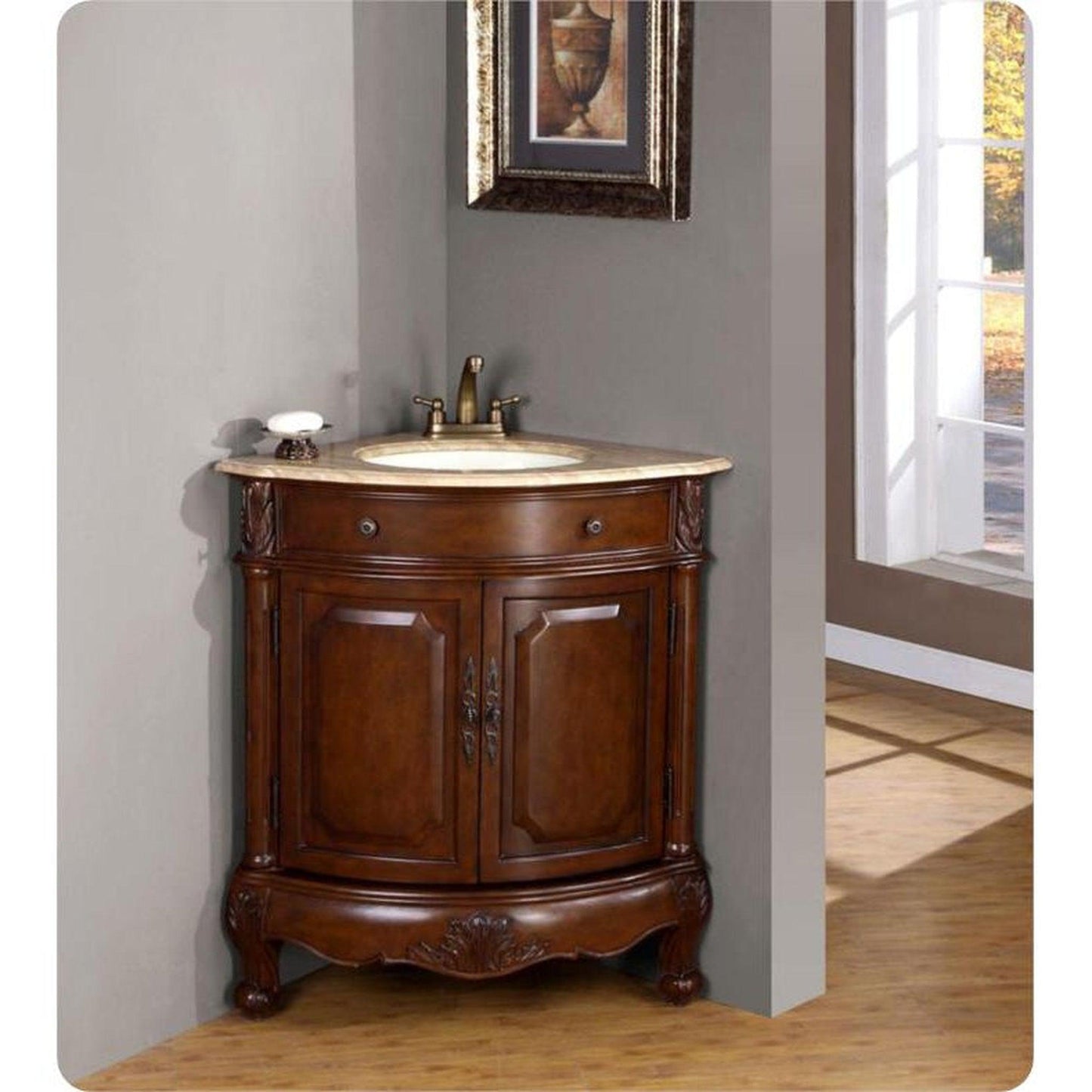 Silkroad Exclusive 32" Single Sink Cherry Bathroom Vanity With Travertine Countertop and White Ceramic Undermount Sink