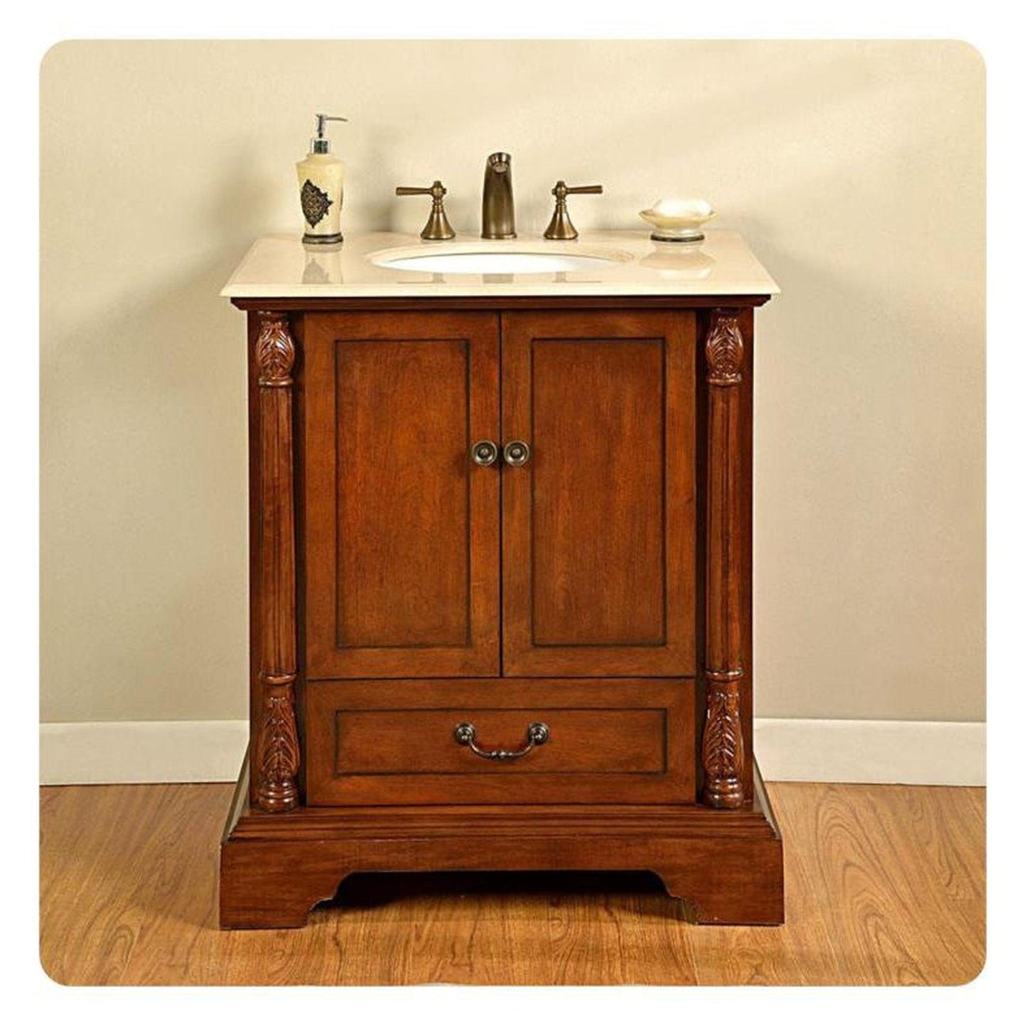 Silkroad Exclusive 32" Single Sink Walnut Bathroom Vanity With Crema Marfil Marble Countertop and White Ceramic Undermount Sink