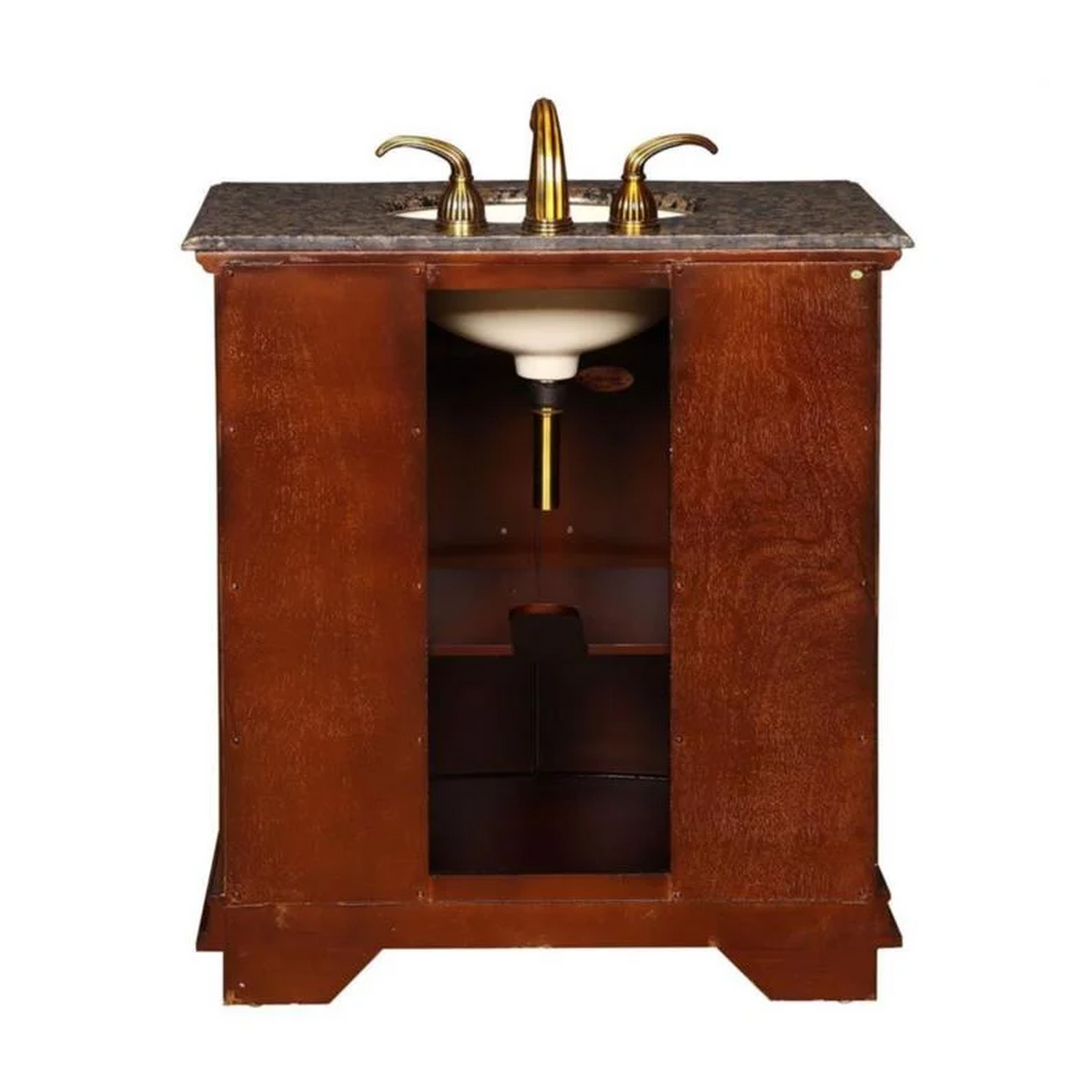 Silkroad Exclusive 33" Single Sink Cherry Bathroom Vanity With Baltic Brown Granite Countertop and Ivory Ceramic Undermount Sink