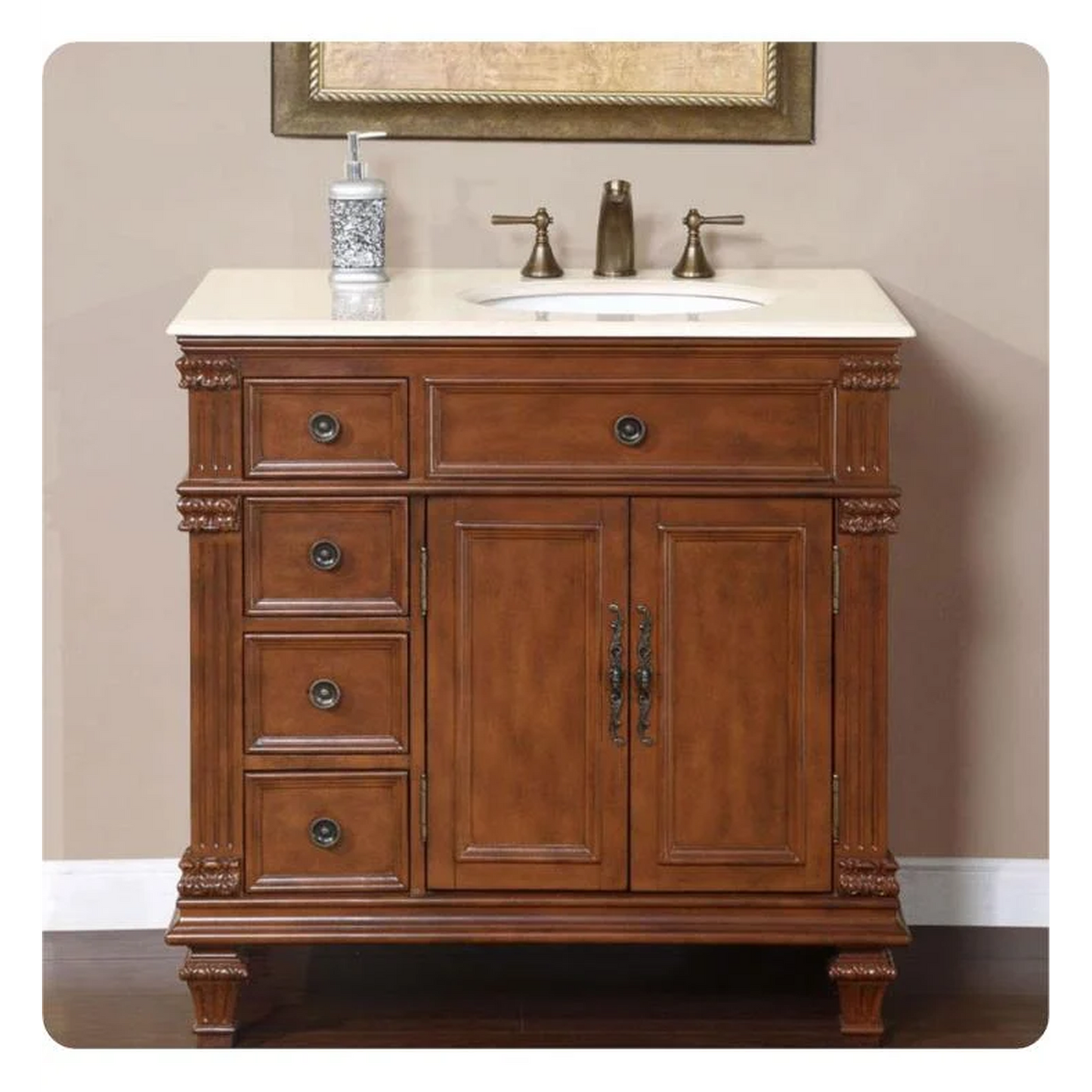 Silkroad Exclusive 36" Right Side Single Sink Vermont Maple Bathroom Vanity With Crema Marfil Marble Countertop and White Ceramic Undermount Sink