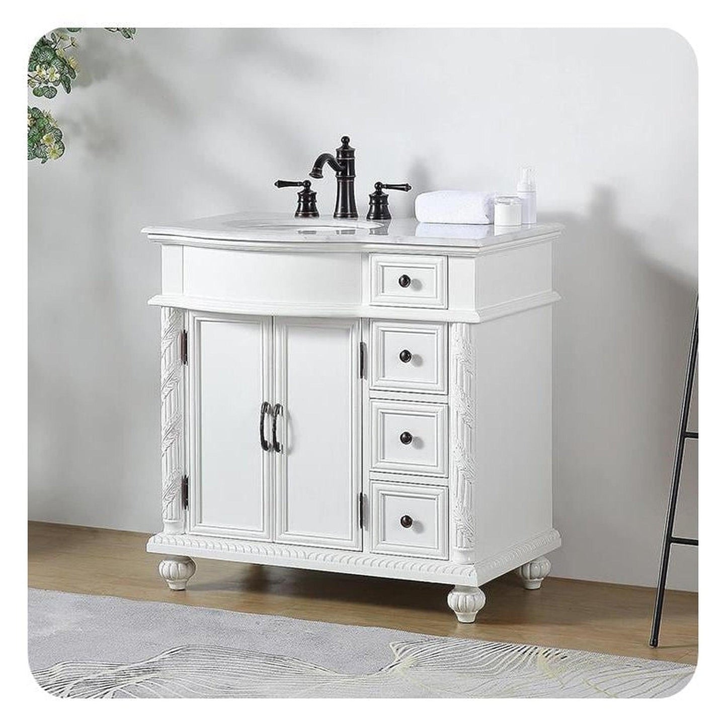 Silkroad Exclusive 36" Single Left Sink Antique White Bathroom Vanity With Carrara White Marble Countertop and White Ceramic Undermount Sink