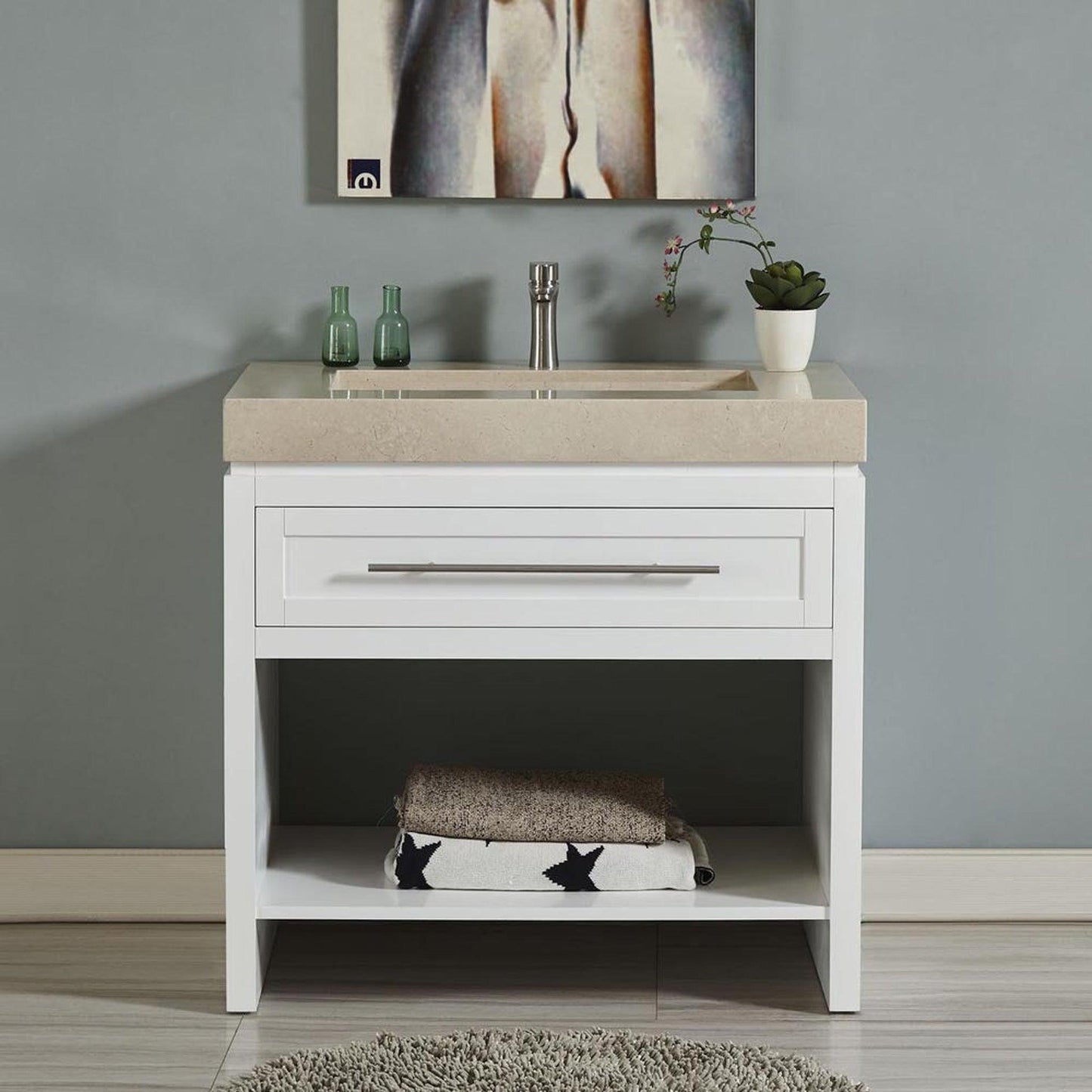 Silkroad Exclusive 36" Single Sink White Bathroom Vanity Base With Drawer and Shelf Storage