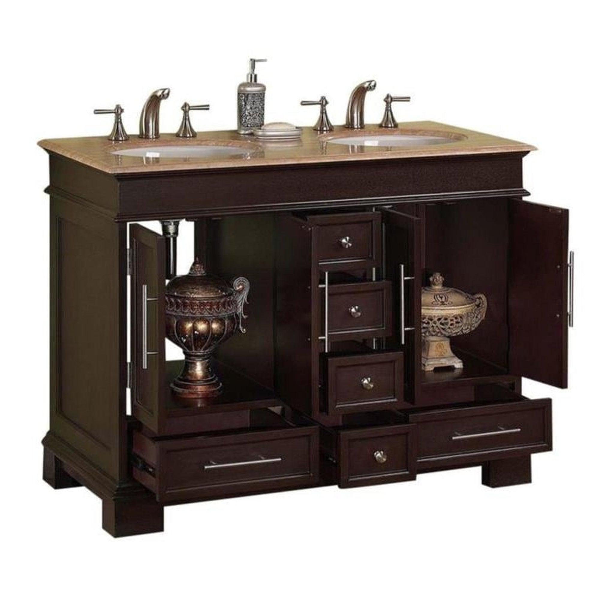 Silkroad Exclusive 48" Double Sink Dark Walnut Bathroom Vanity With Tr