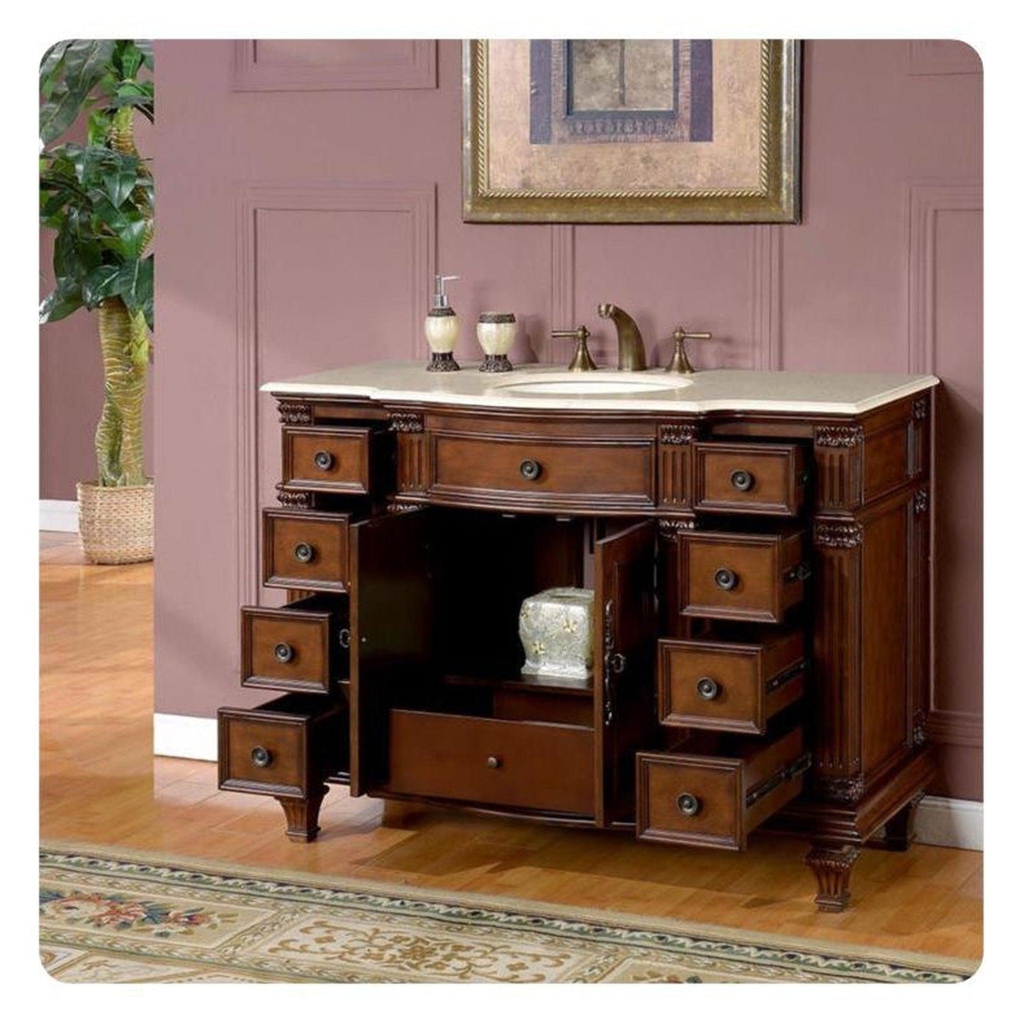 Silkroad Exclusive 48" Single Sink Brazilian Rosewood Bathroom Vanity With Crema Marfil Marble Countertop and White Ceramic Undermount Sink