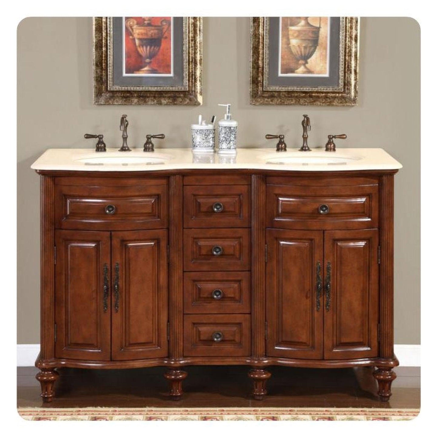 Silkroad Exclusive 55" Double Sink American Chestnut Bathroom Vanity With Crema Marfil Marble Countertop and Ivory Ceramic Undermount Sink