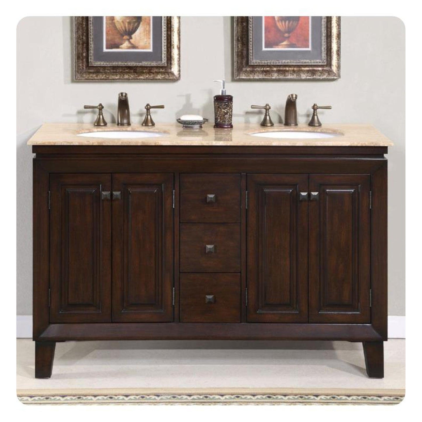 Silkroad Exclusive 55" Double Sink Dark Walnut Bathroom Vanity With Travertine Countertop and White Ceramic Undermount Sink