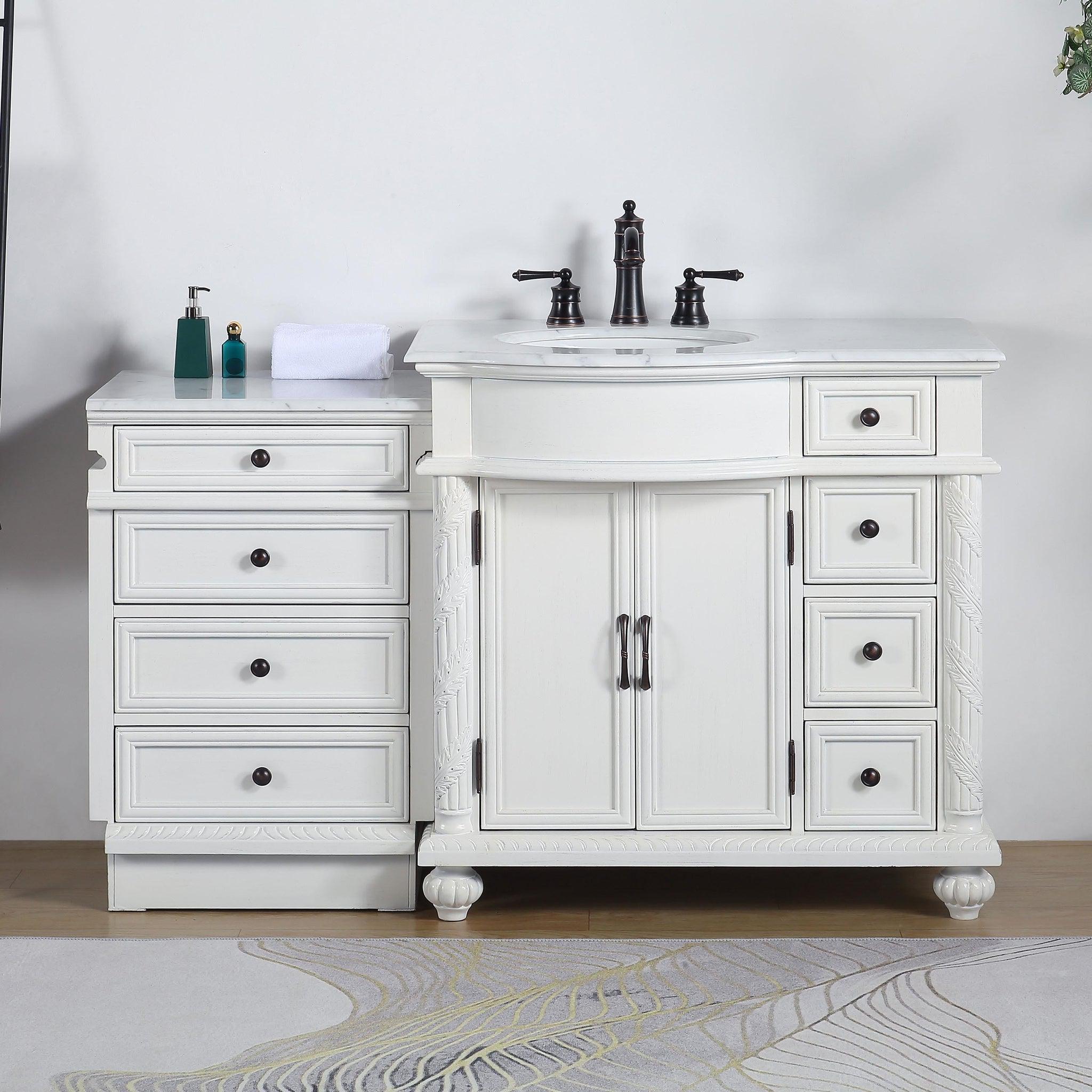 36 inch Single Solid Wood Bathroom Vanity Set, with Drawers, Carrara White Marble Top, 3 Faucet Hole, White, Size: Large