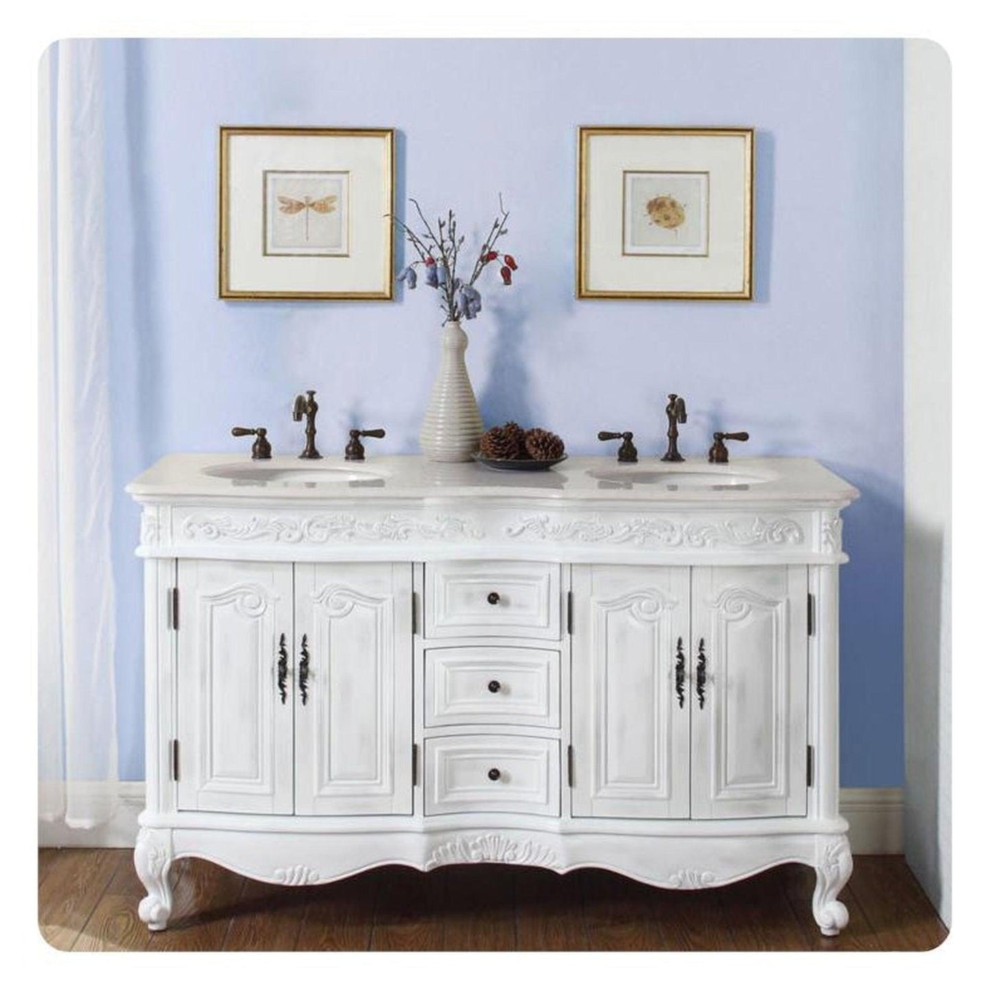 Silkroad Exclusive 58" Double Sink Antique White Bathroom Vanity With Crema Marfil Marble Countertop and Ivory Ceramic Undermount Sink