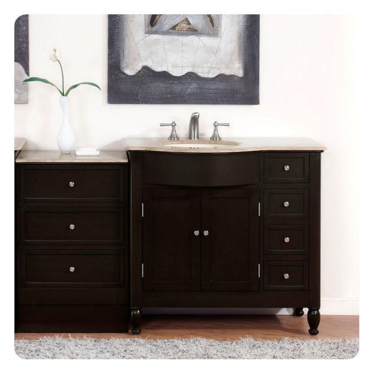 Silkroad Exclusive 58" Single Left Sink Dark Walnut Bathroom Modular Vanity With Travertine Countertop and Ivory Ceramic Undermount Sink