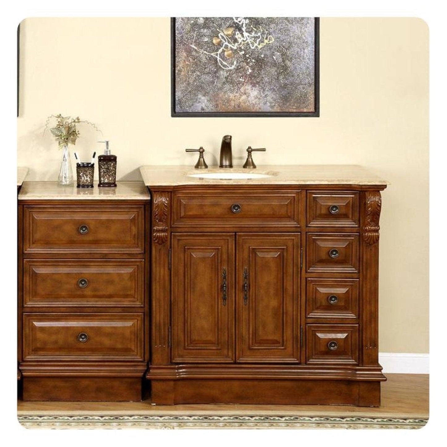 Silkroad Exclusive 58" Single Left Sink Walnut Modular Bathroom Vanity With Travertine Countertop and Ivory Ceramic Undermount Sink