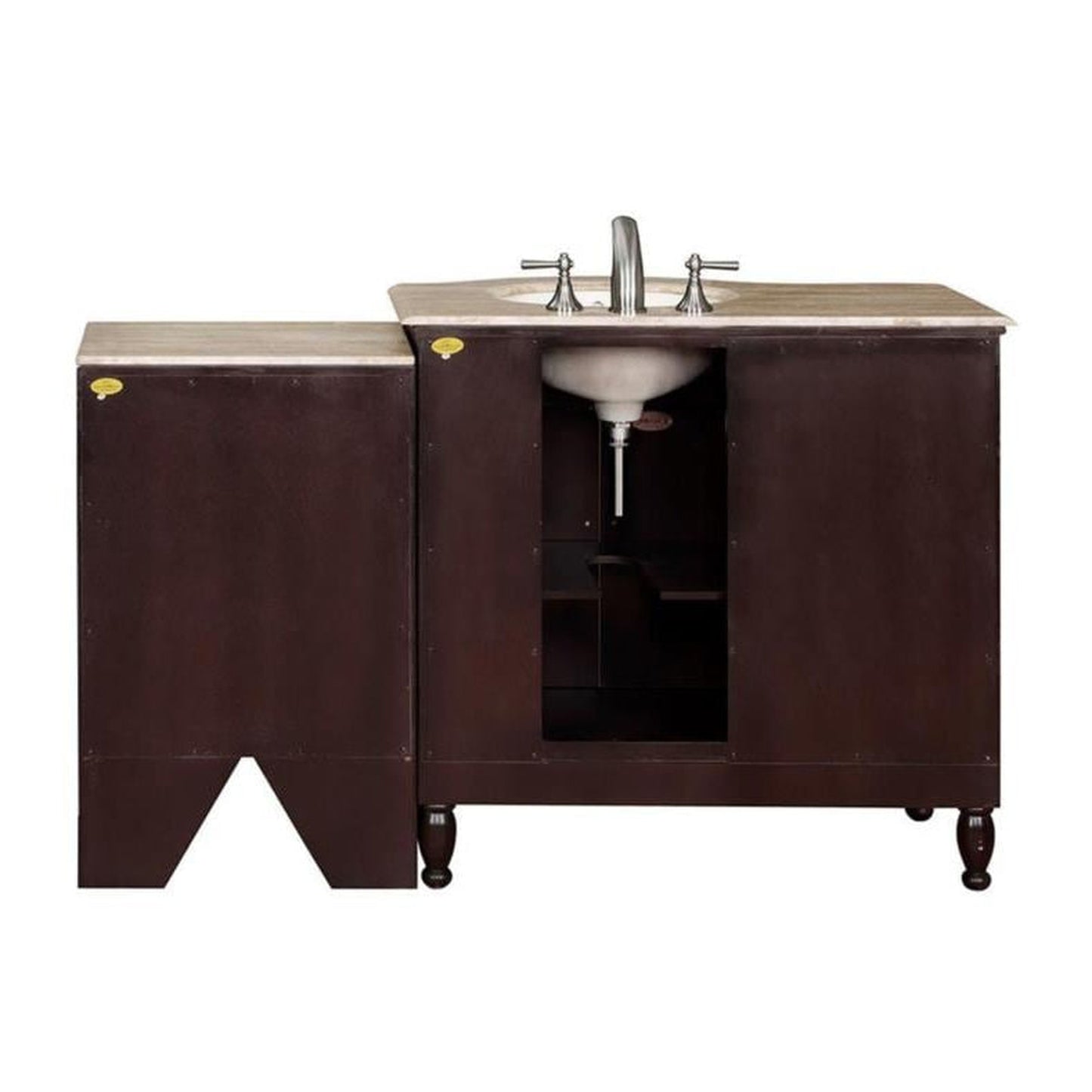 Silkroad Exclusive 58" Single Right Sink Dark Walnut Bathroom Modular Vanity With Travertine Countertop and Ivory Ceramic Undermount Sink