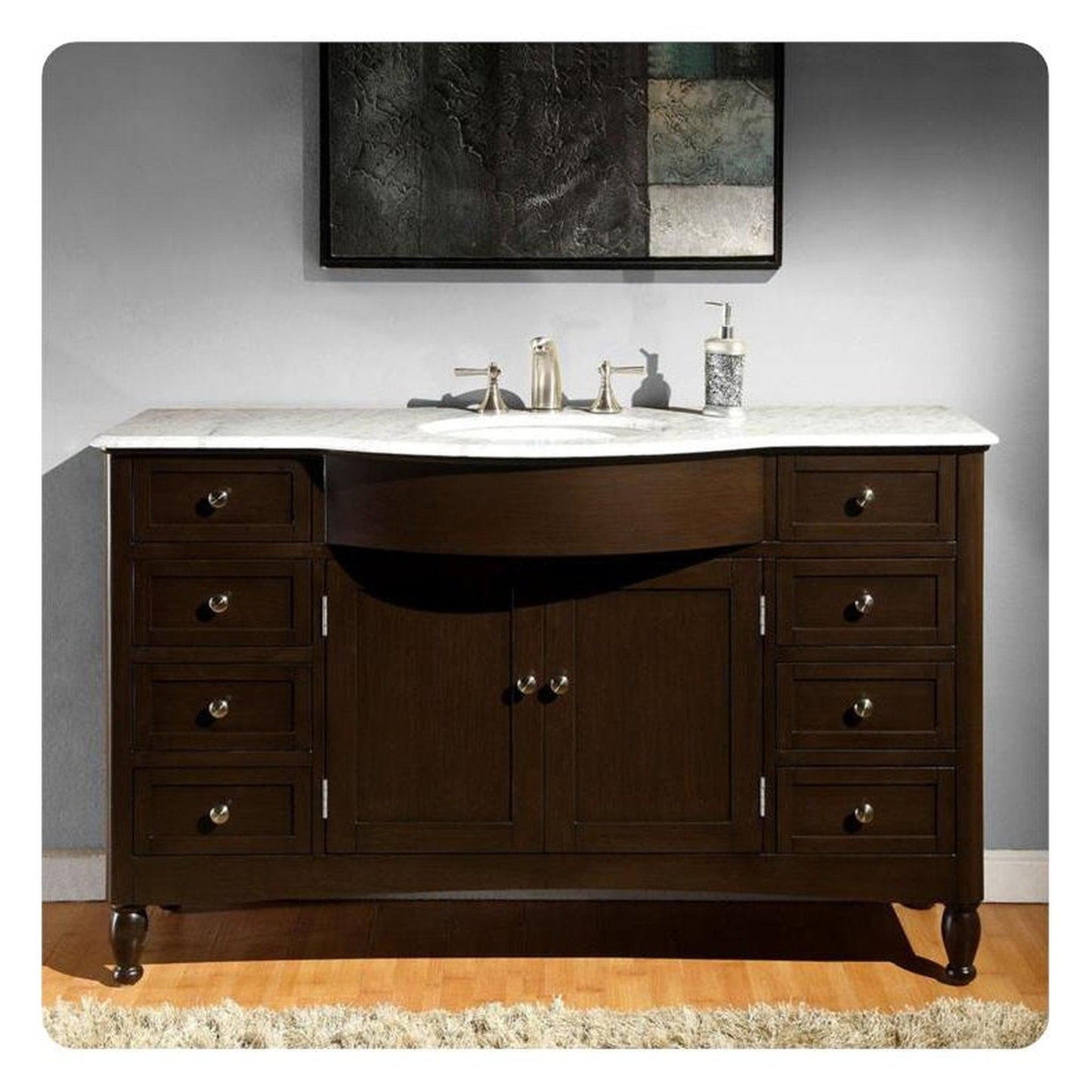 Silkroad Exclusive 58" Single Sink Dark Walnut Bathroom Vanity With Carrara White Marble Countertop and White Ceramic Undermount Sink