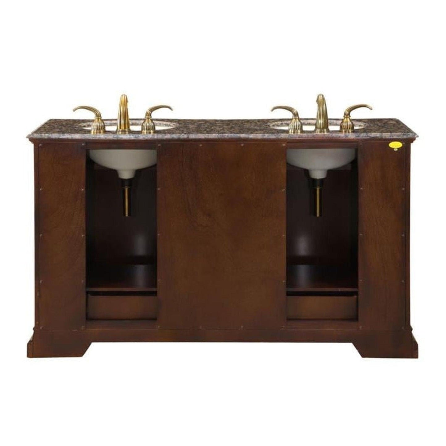 Silkroad Exclusive 60" Double Sink American Walnut Bathroom Vanity With Baltic Brown Granite Countertop and Ivory Ceramic Undermount Sink