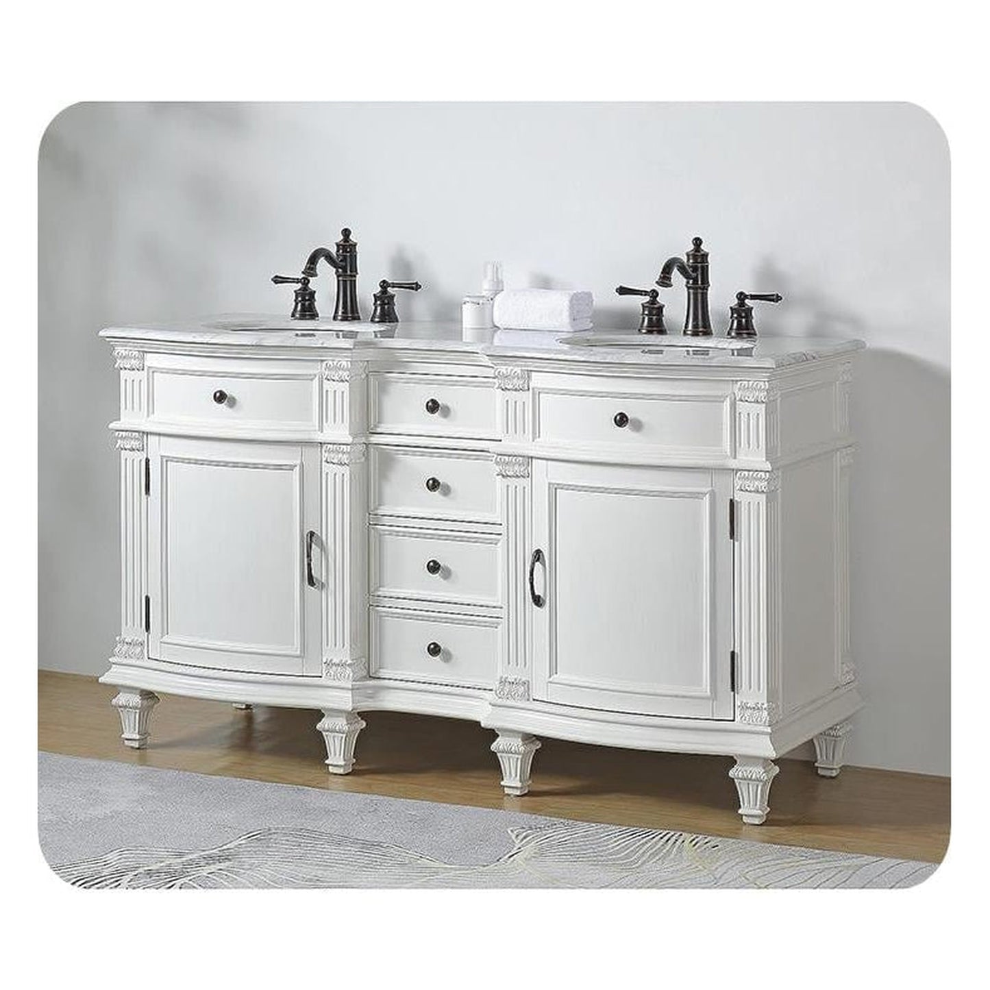 Silkroad Exclusive 60" Double Sink Antique White Bathroom Vanity With Carrara White Marble Countertop and White Ceramic Undermount Sink
