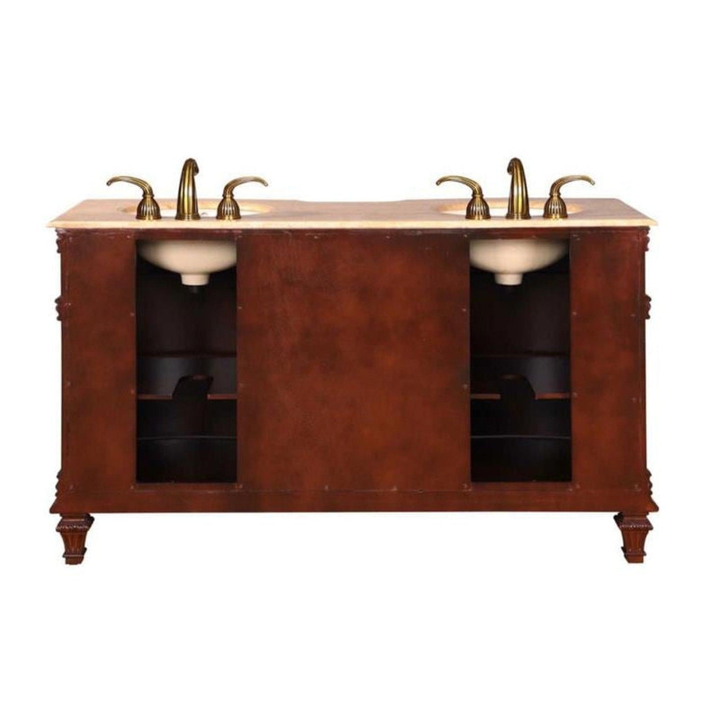 Silkroad Exclusive 60" Double Sink Brazilian Rosewood Bathroom Vanity With Travertine Countertop and Ivory Ceramic Undermount Sink