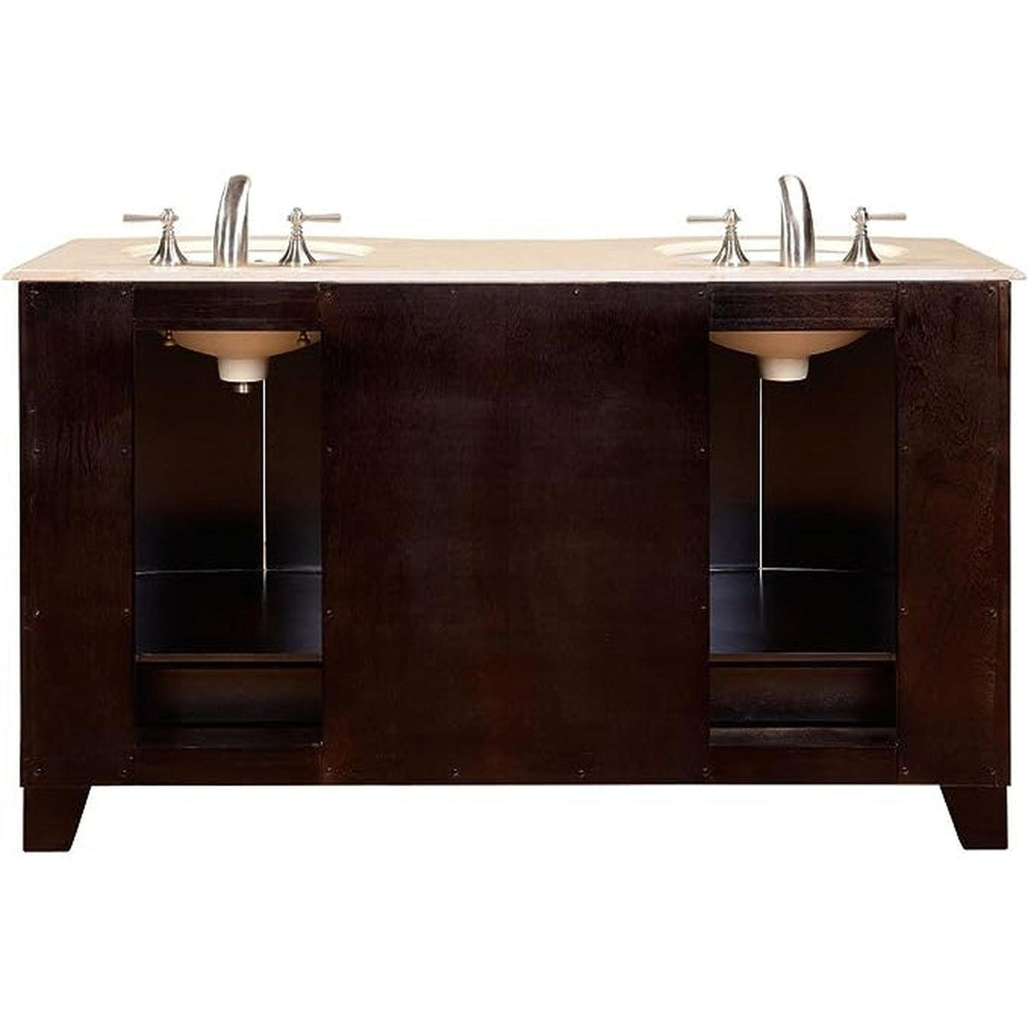 Silkroad Exclusive 60" Double Sink Dark Espresso Bathroom Vanity With Crema Marfil Marble Countertop and White Ceramic Undermount Sink