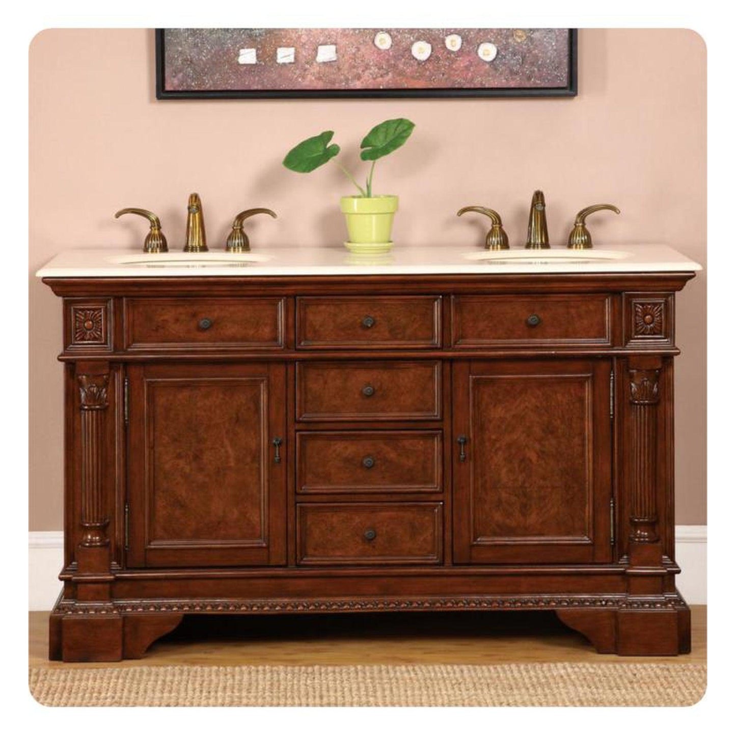 Silkroad Exclusive 60" Double Sink English Chestnut Bathroom Vanity With Crema Marfil Marble Countertop and Ivory Ceramic Undermount Sink