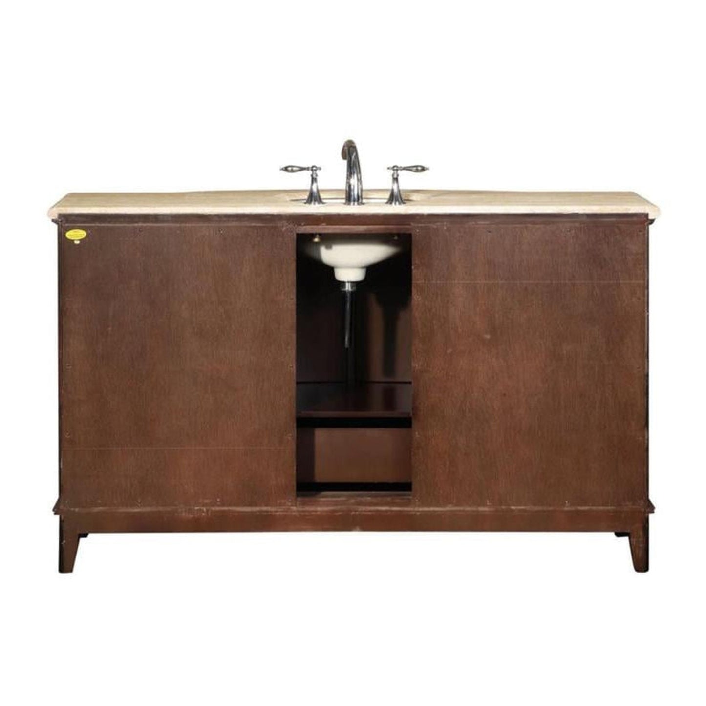 Silkroad Exclusive 60" Single Sink Dark Walnut Bathroom Vanity With Travertine Countertop and White Ceramic Undermount Sink